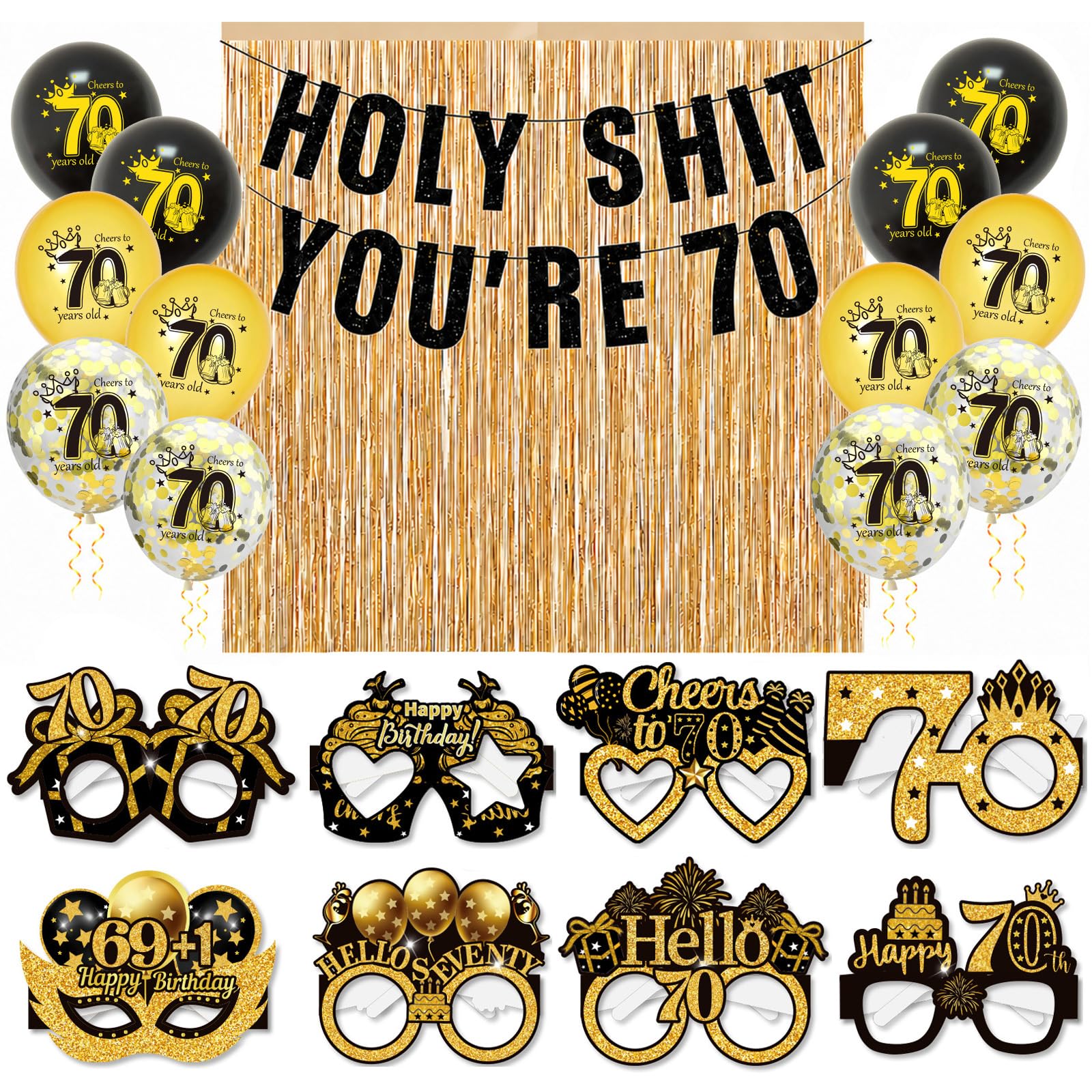 HOMAVEL Black Gold 70th Photo Booth Props Kit Balloons Banner Curtains - 8 Glasses, 12 Balloons, Funny Banner & 2 Fringe Curtains for 70 Year Old Milestone Party Decorations