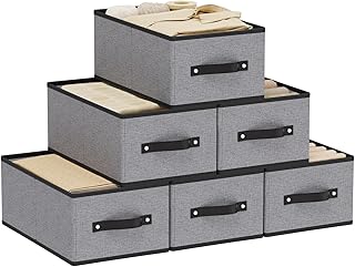 YheenLf Pack of 6 Foldable Storage Baskets, Decorative Storage Boxes with Handles, Wardrobe Organiser, for Clothes, Large, 41 x 25 x 16.5 cm, Grey