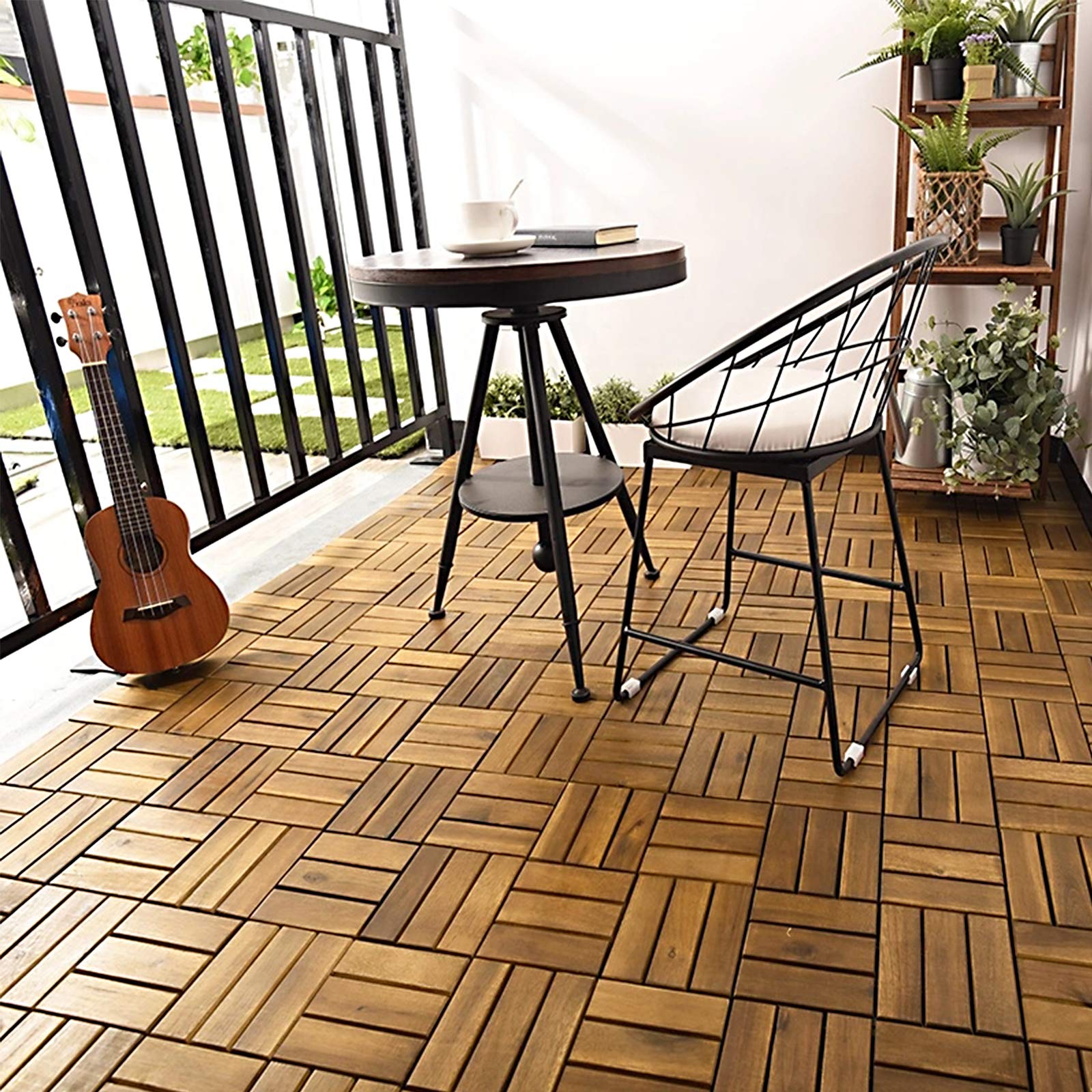 Froadp Holzfliesen aus Akazien Holz 30x30 cm Terrassenfliesen Bodenbelag Holzboden Klicksystem 1 m² Holzfliesen Balkonfliesen Klickfliesen für Terrasse Balkon Garten Patio, 11 Stück (Type B)
