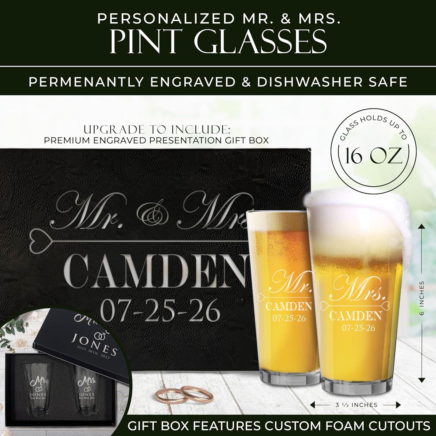 Mr and Mrs Beer Pint Glasses - Personalized Engraved Wedding for Couples - Custom Monogrammed - Set of 2