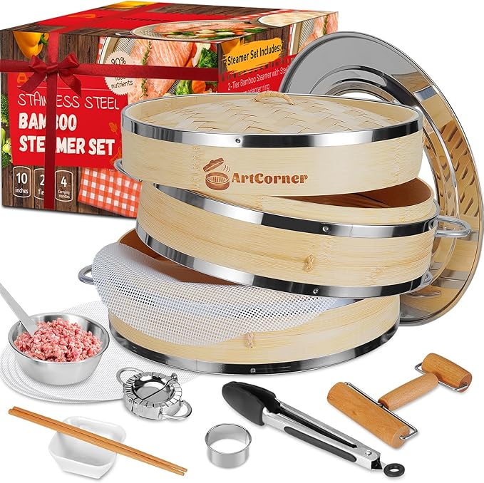 Artcorner 2 tier bamboo steamer kit with accessories and ring adapter