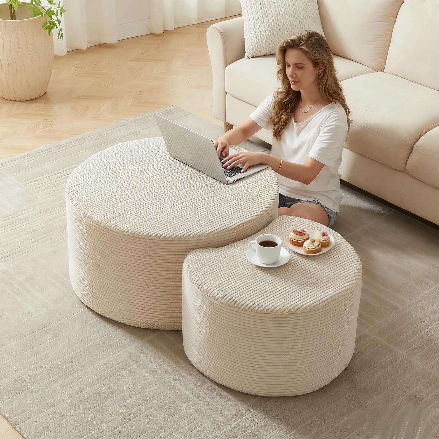 Round Upholstered Nesting Coffee Table Set, 32"+17" Modern Ottoman Coffee Table with Side Table Corduroy Circle Footstool Cocktail Center Table Foot Rest for Living Room No Assembly, Beige