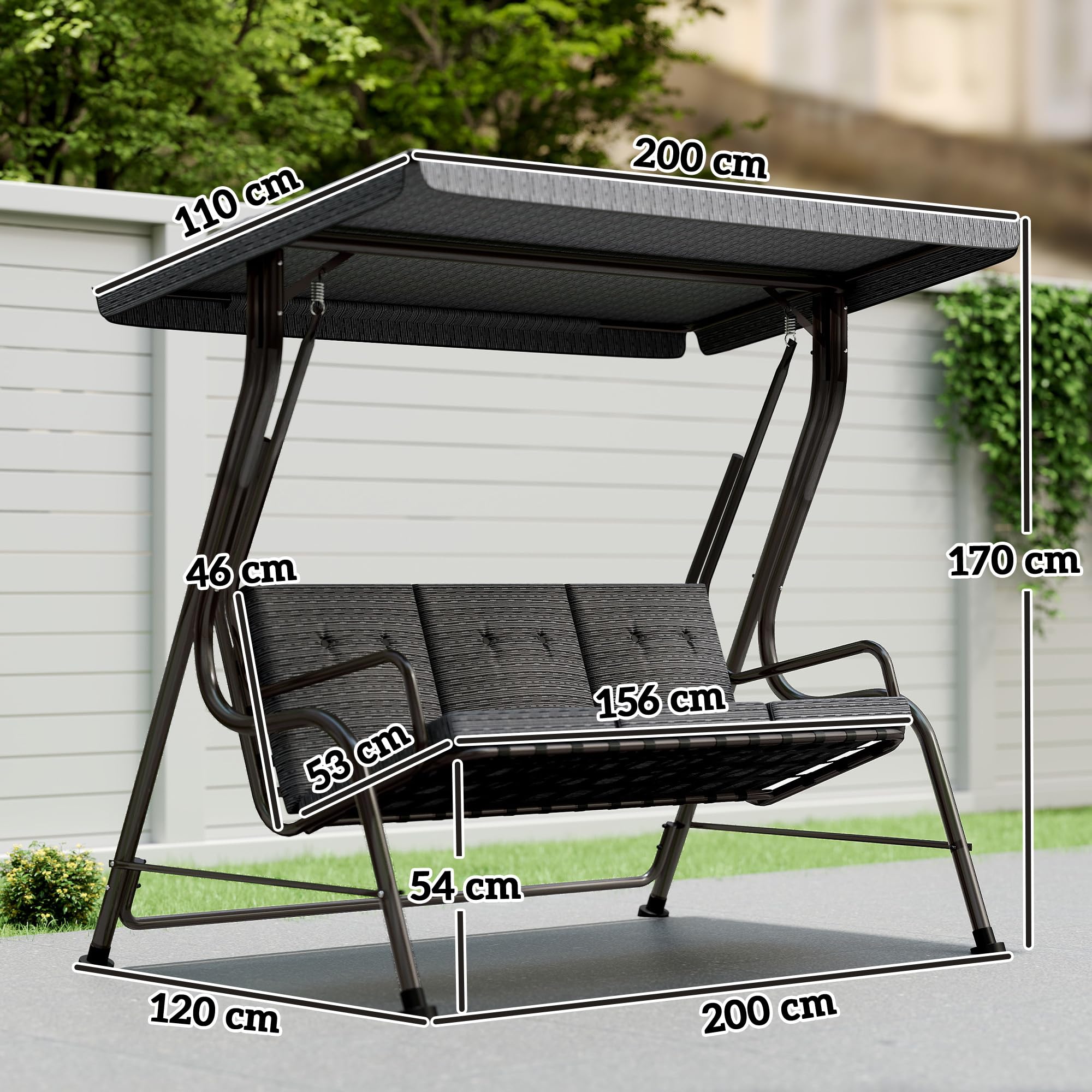 Outsunny Hollywoodschaukel 3-Sitzer Gartenschaukel 200 x 120 x 170 cm Grau | Verstellbares Sonnendach, Texteline
