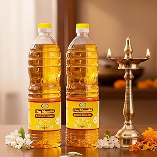 Cycle Pure Om Shanthi Puja Oil, Blend Of 5 Puja Oils With Jasmine Fragrance for Daily Puja, Festivals - Pack Of 2 (1 litre per Pack)