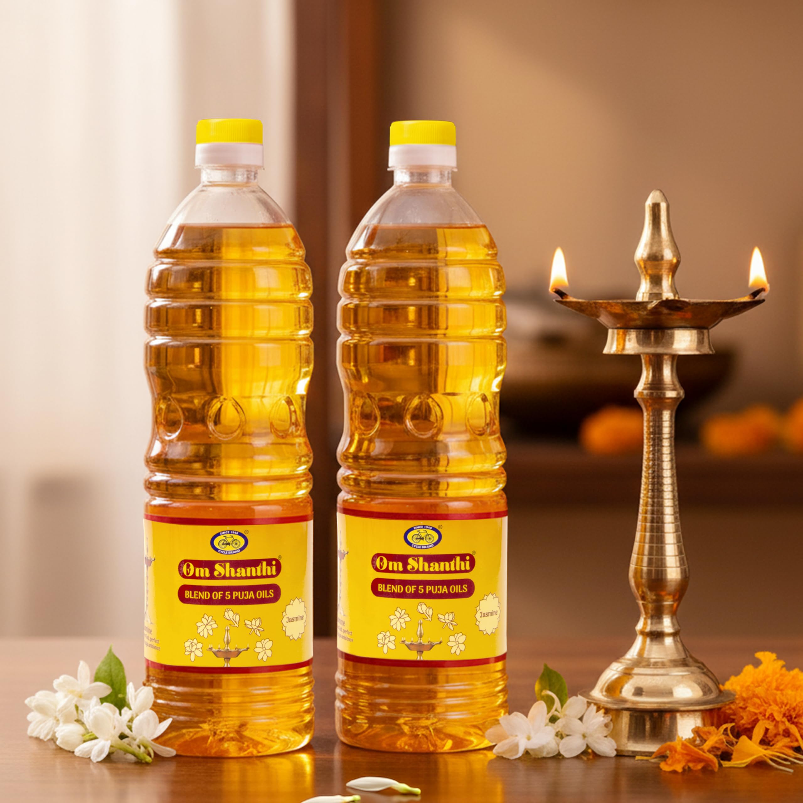 Cycle Pure Om Shanthi Puja Oil, Blend Of 5 Puja Oils With Jasmine Fragrance for Daily Puja, Festivals - Pack Of 2 (1 litre per Pack)