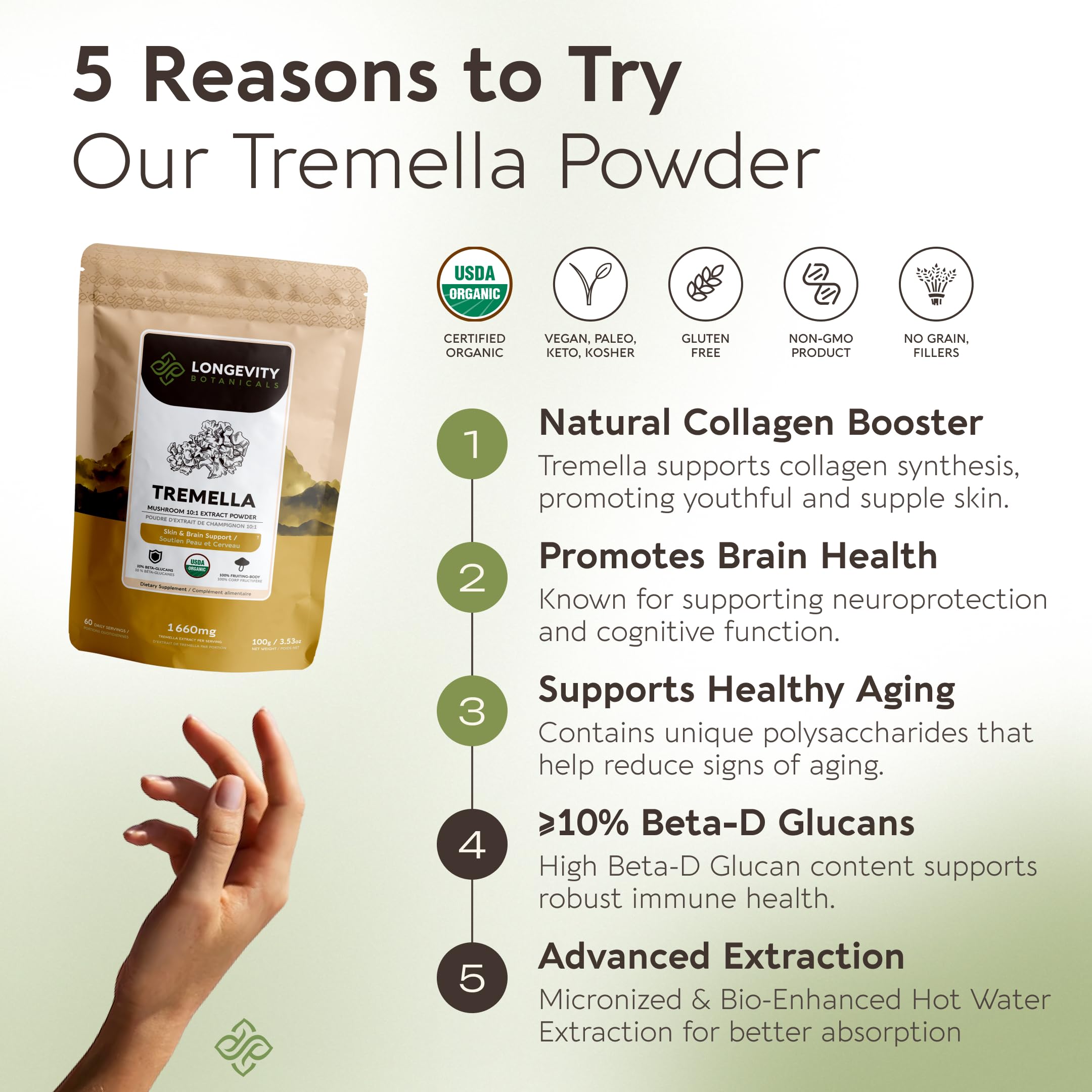 Organic Tremella Mushroom Powder Supplement Extract White Jelly Snow Fungus — Amazon image 3