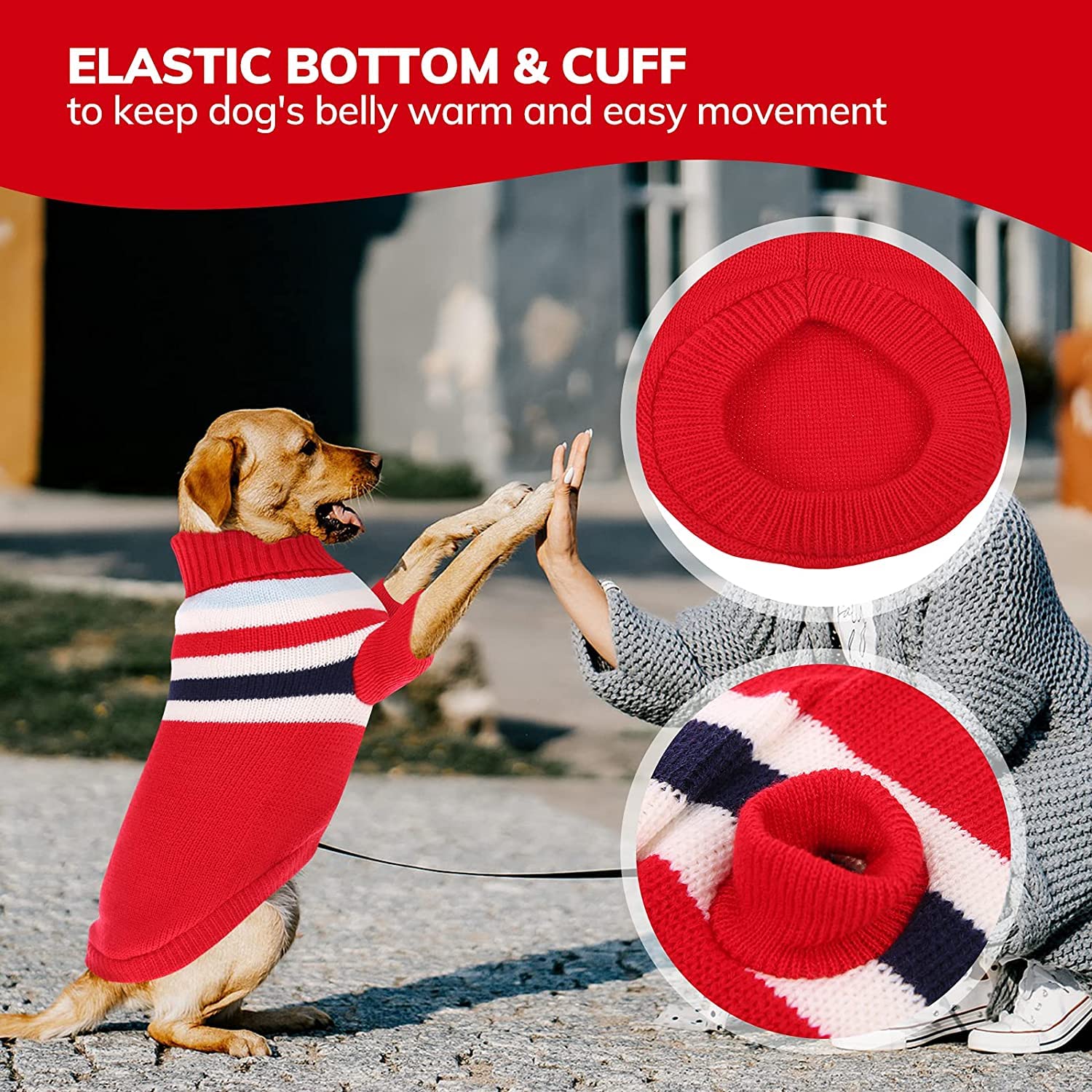 KUTKUT Dog Sweater | Warm Strip Dog Winter Knitwear Clothes with Elastic Leg Bands | Soft Acrylic Knitted Pet Pullover for Small Medium Large Doggy (Red, Size: L) 1