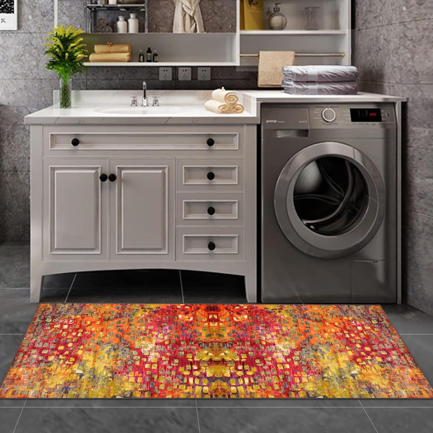 Tapis de couloir, cuisine, antidérapant, lavable, design moderne, jaune, rouge, orange, 70 x 400 cm, vendu au mètre, pour salle à manger, chambre à coucher, salon