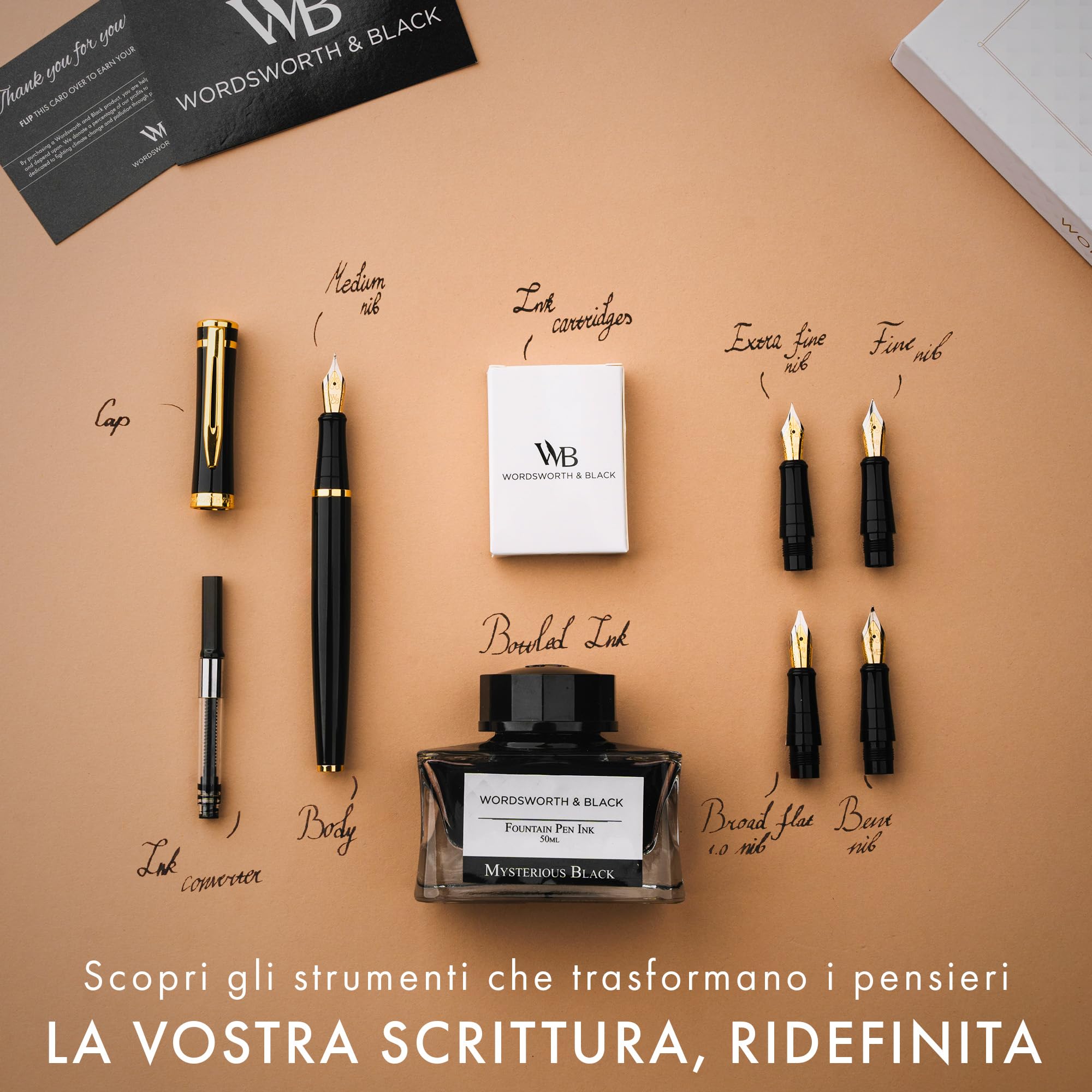 Wordsworth & Black Set regalo Penna Stilografica, include bottiglia d'inchiostro, 6 cartucce d'inchiostro, convertitore di ricarica d'inchiostro, 4 punte di ricambio, Pacchetto Premium [Oro Nero]