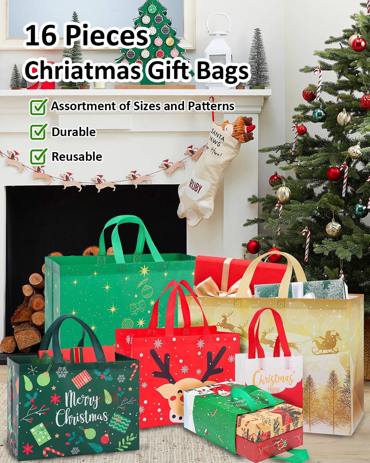 Confezione da 16 sacchetti regalo natalizi di dimensioni assortite, riutilizzabili, resistenti, con manici, 4 extra large, 8 grandi, 4 piccoli, sacchetti natalizi in tessuto non tessuto per regali