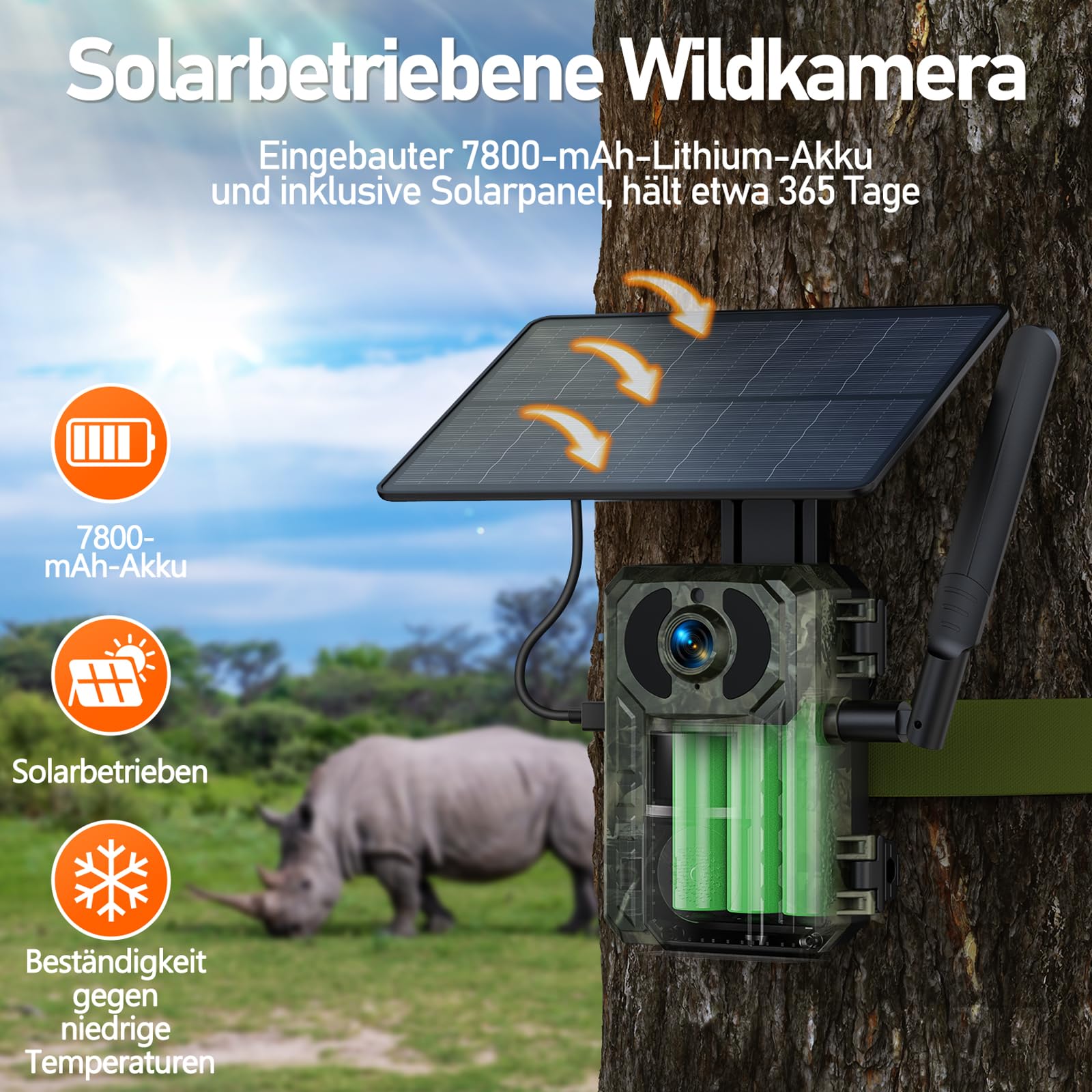 VOOPEAK Telecamera per selvaggina solare WLAN 4 K 30 fps 85 MP, fotocamera per animali selvatici con sensore di movimento, visione notturna 120°, grandangolare IP66, impermeabile con scheda Micro SD