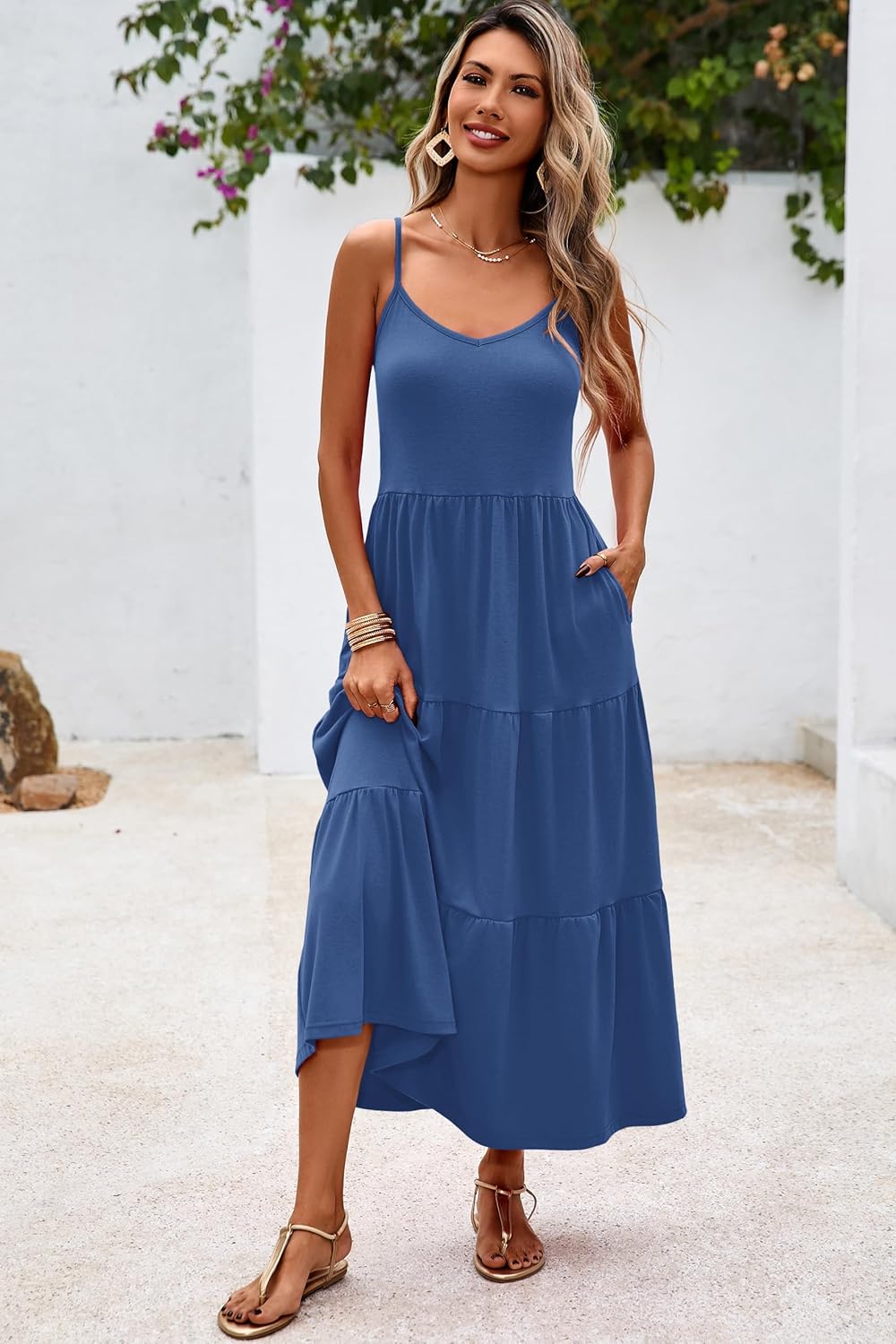 Halife Womens Flowy Tiered Maxi Dress Sleeveless Summer Sundresses Adjustable Straps Long Beach Sun Dresses with Pockets - Image 2
