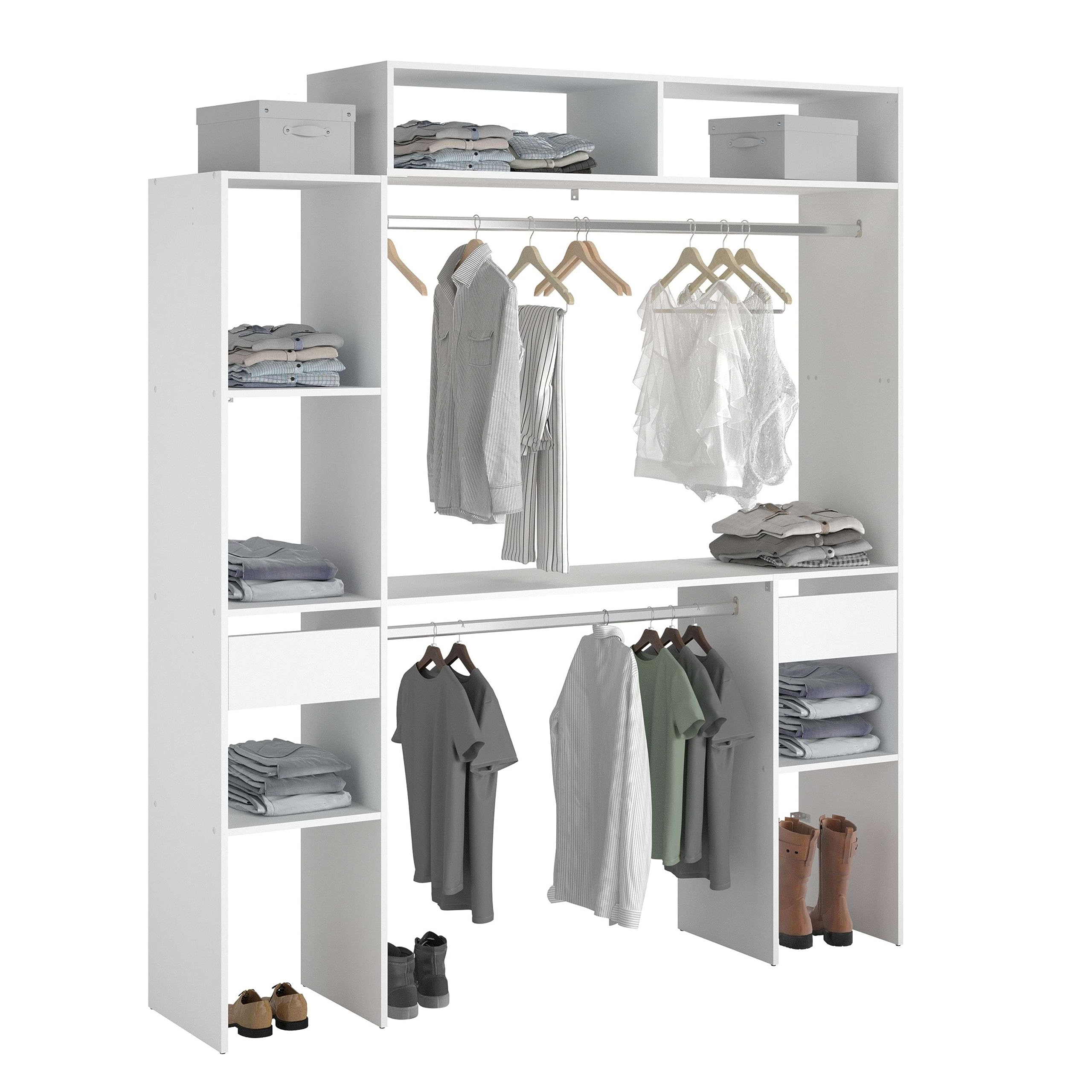 Miroytengo Vestidor Modular Abierto Custom para Dormitorio en Color Blanco Incluye Modulo C + F con 7 Estantes, 2 Cajones y 2 Barra 178x203 cm