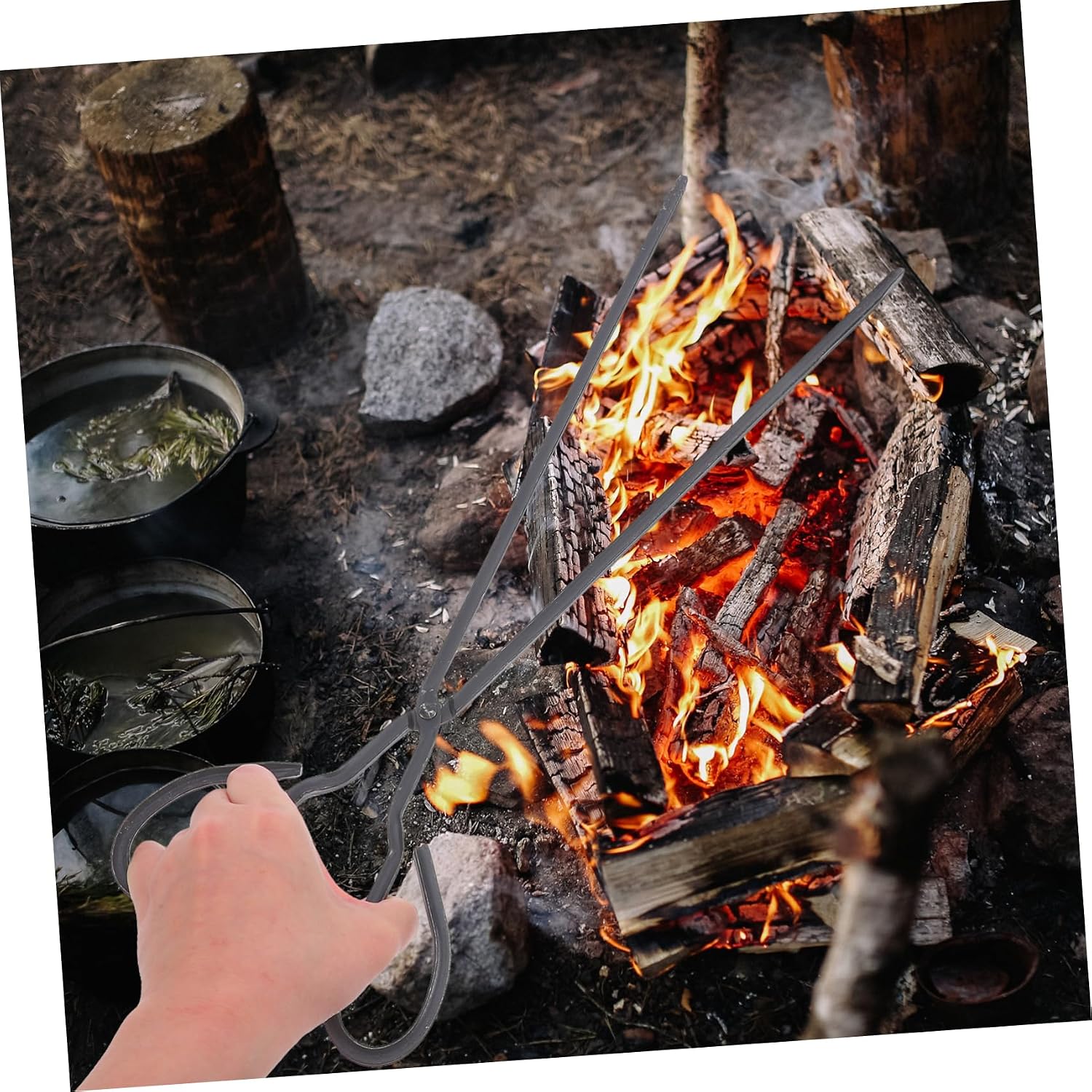 VILLCASE Heavy Duty Iron Fire Tongs for BBQ Fireplace and Campfire Extra Long Charcoal Grabbing Tool for Outdoor Cooking 1-Piece