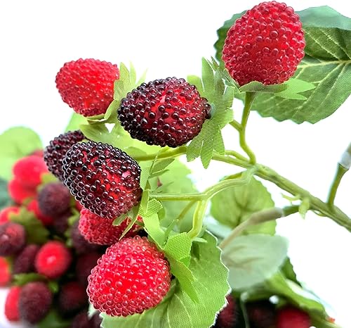 Miniatura 5 de M2cbridge 4 piezas artificiales de frambuesa roja baya, fresa, fruta sintética, decoración de mesa (rojo con negro)