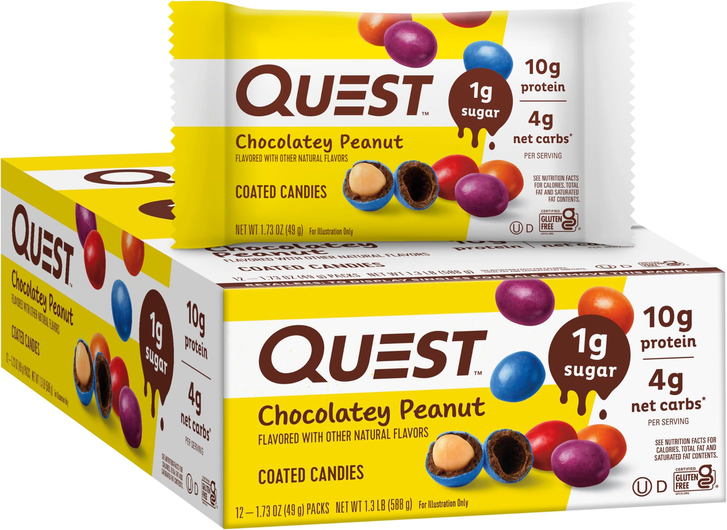 Quest Nutrition Coated Candies, Chocolatey Peanut, 1g Sugar, 10g Protein, 4g Net Carbs, Gluten Free, Keto Friendly, 12 Count