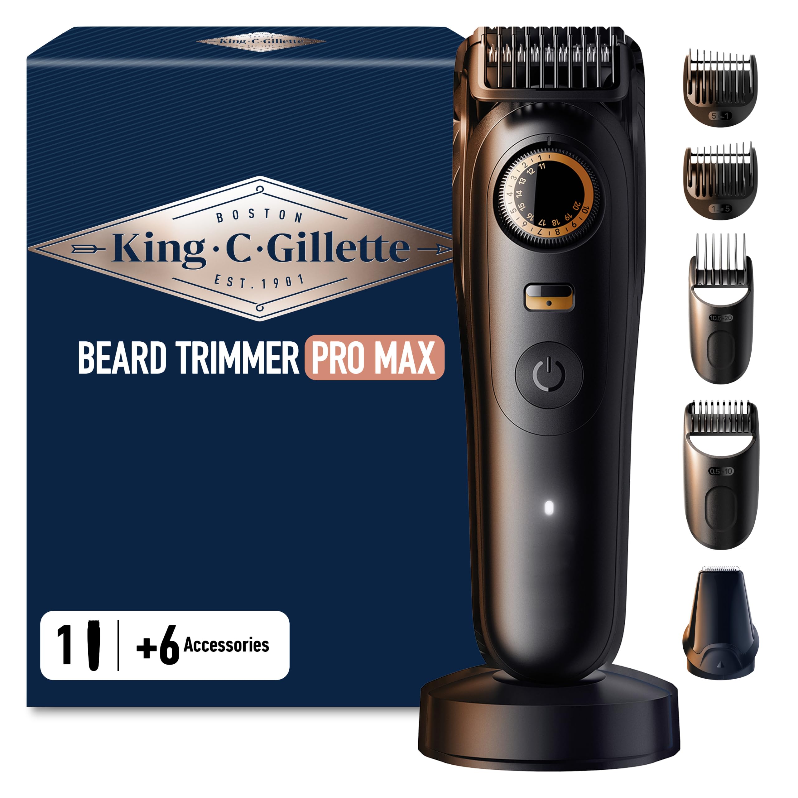 King C. Gillette Rasoio Elettrico Barba Pro Max, Regolabarba Uomo Senza Fili, 40 Impostazioni Lunghezza, Blocco Sicurezza, Spazzolina Pulizia, 4 Pettini Intercambiabili, Base Ricarica, Custodia Zip