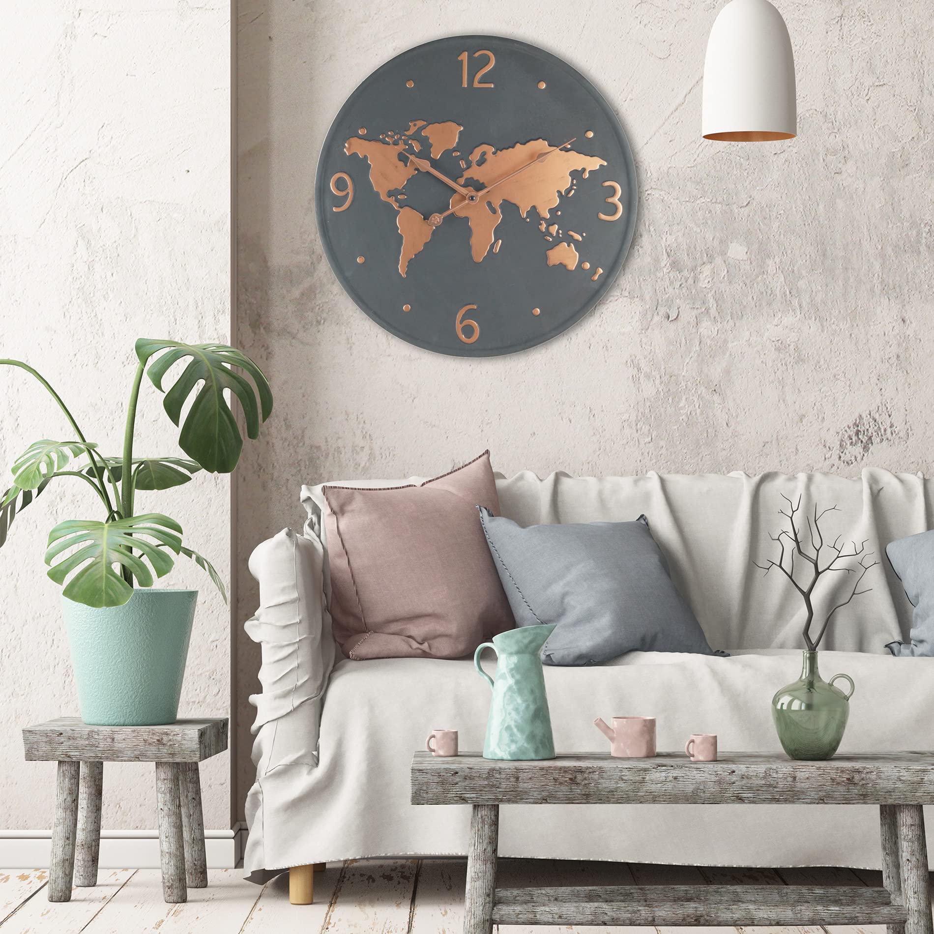 Rebecca Mobili Orologio Muro, Orologio Parete Metallo, Disegno Mondo, Grigio Scuro Marrone Rame, Tondo, Salotto Cucina - Diametro 45 cm x P 4,5 cm - Art. RE6597