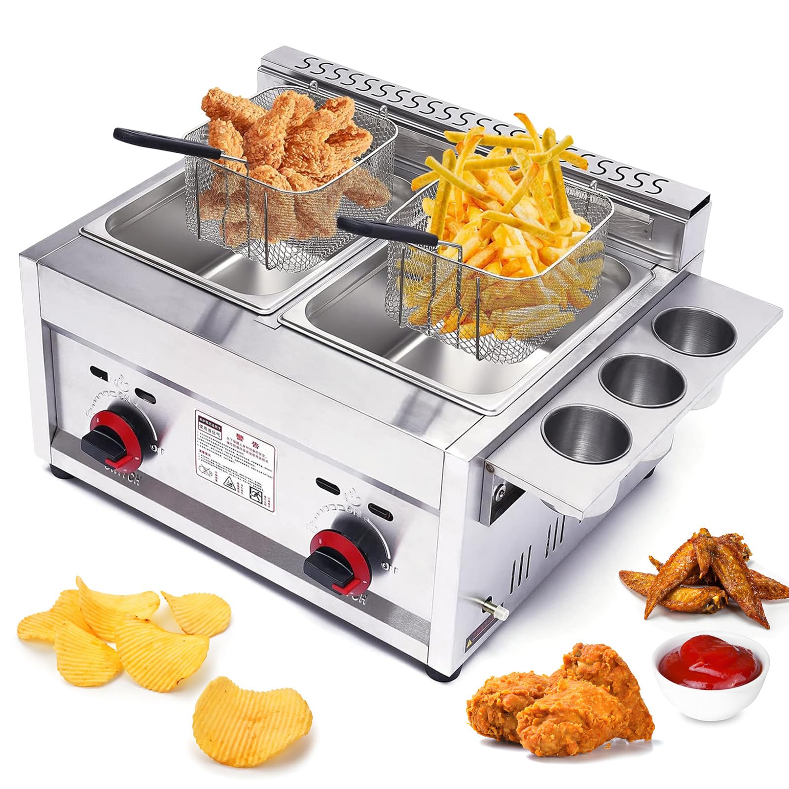 Freidora de Gas Industrial de 2 x 10L, Freidora de Gas Profesional de Acero Inoxidable Comercial con Cuchara de Cesta para Patatas Fritas Pollo Frito Pesce Cocina Casera Restaurante