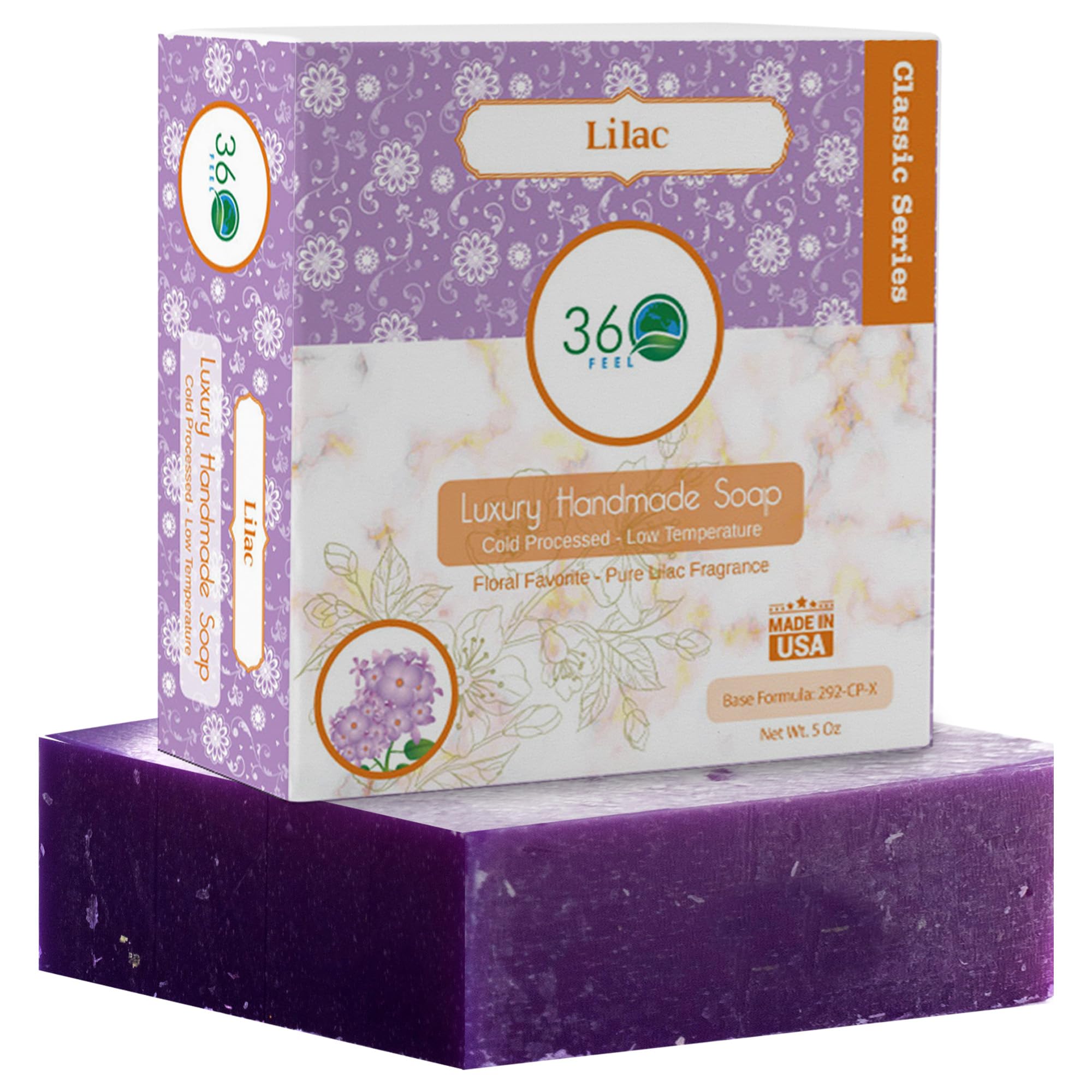 360Feel Lilac Soap - Made in the USA - Castile Handmade, All-Natural, Cold-Processed - Infused with Sweet Lilac for a Refreshing Floral Aroma and Creamy Moisturizing Lather - 5 oz