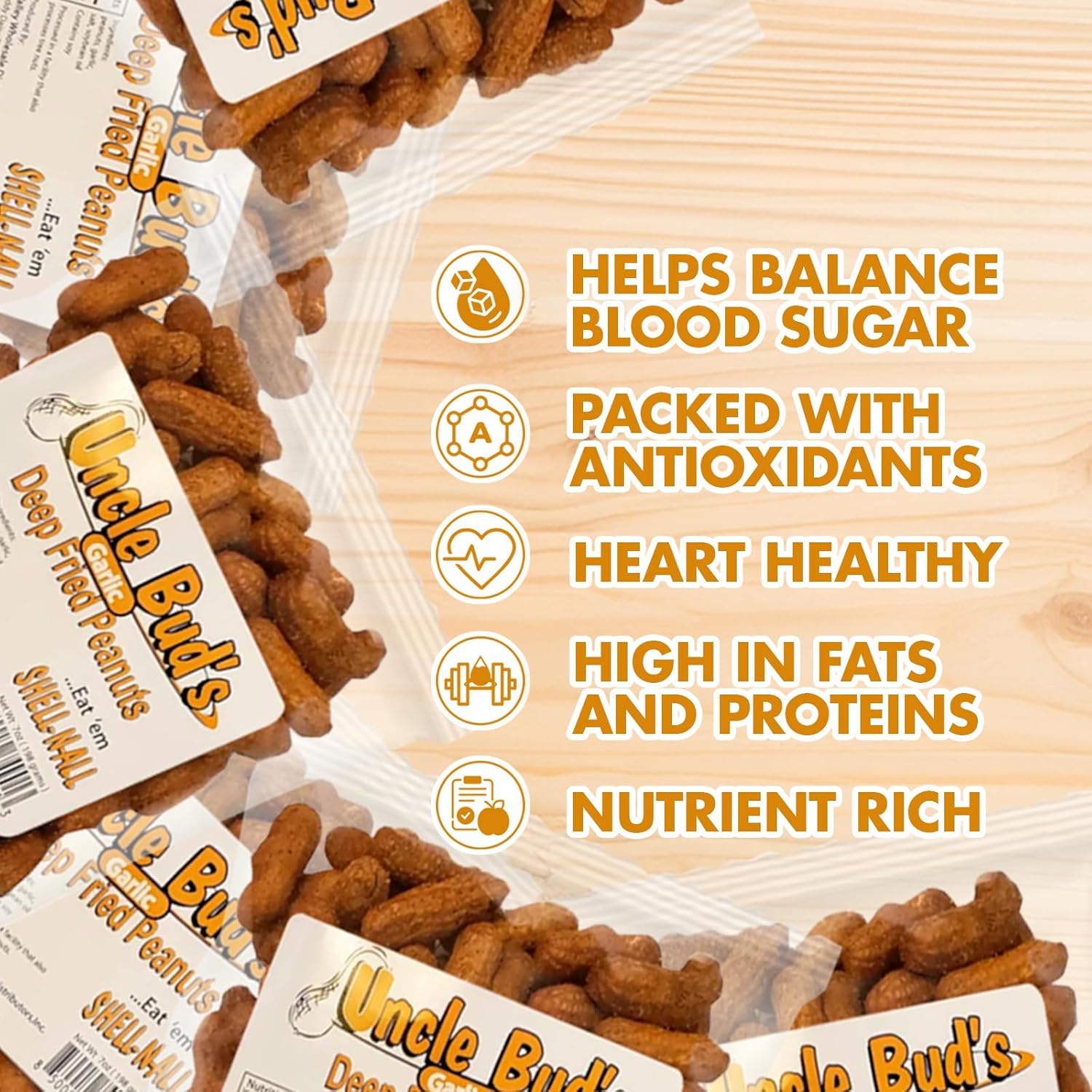 Uncle Bud's Deep Fried Peanuts In Shell (6-Pack) | Crunchy Garlic Peanuts, Hot and Spicy Peanuts, Healthy Flavored Peanuts, Garlic Snacks, Organic Peanuts, Salted Peanuts in the Shell, Peanut Packs