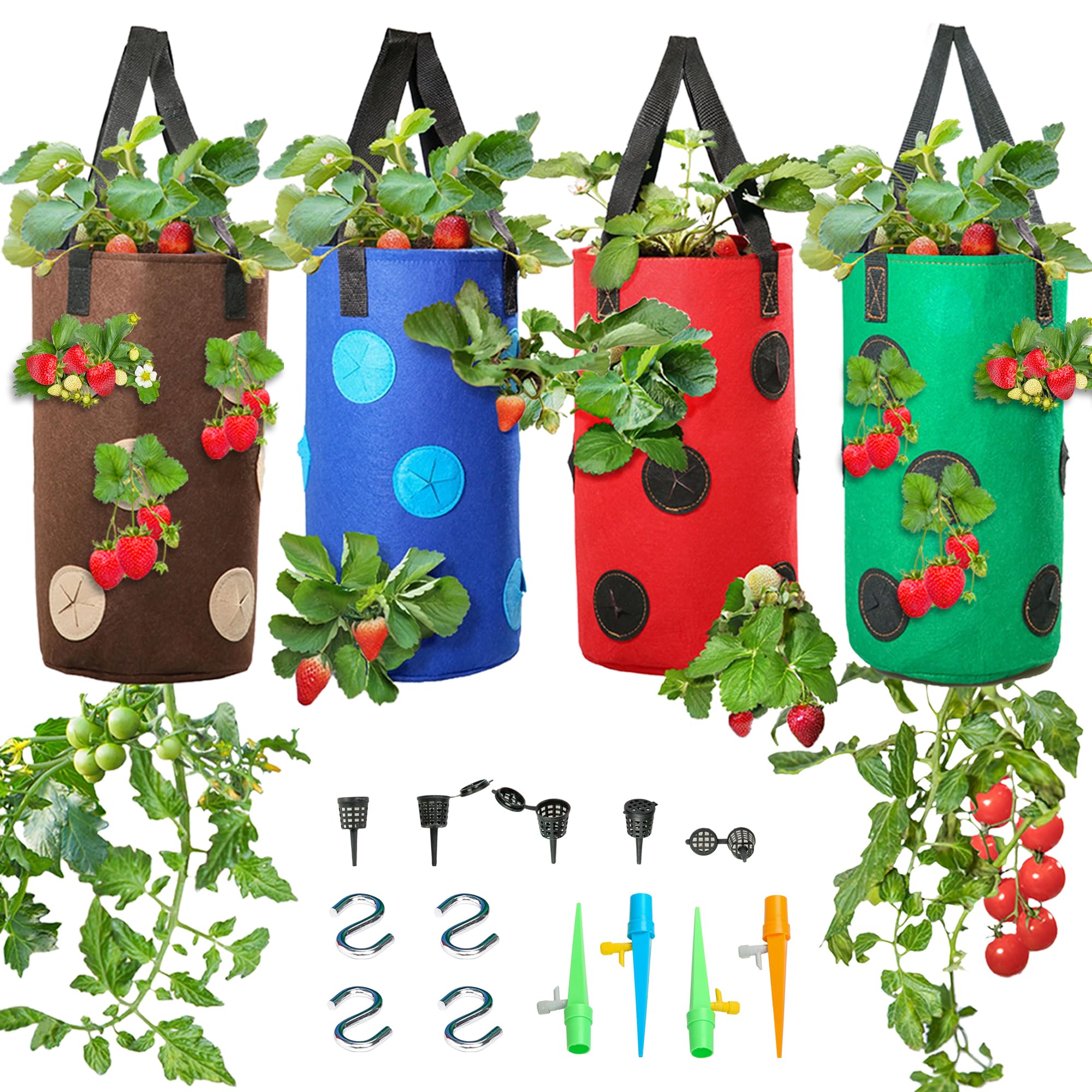 4 Piece Upside Down Strawberry & Tomato Planter - Hanging Grow Bags Kit - Strawberry Planter - Hanging Grow Bags