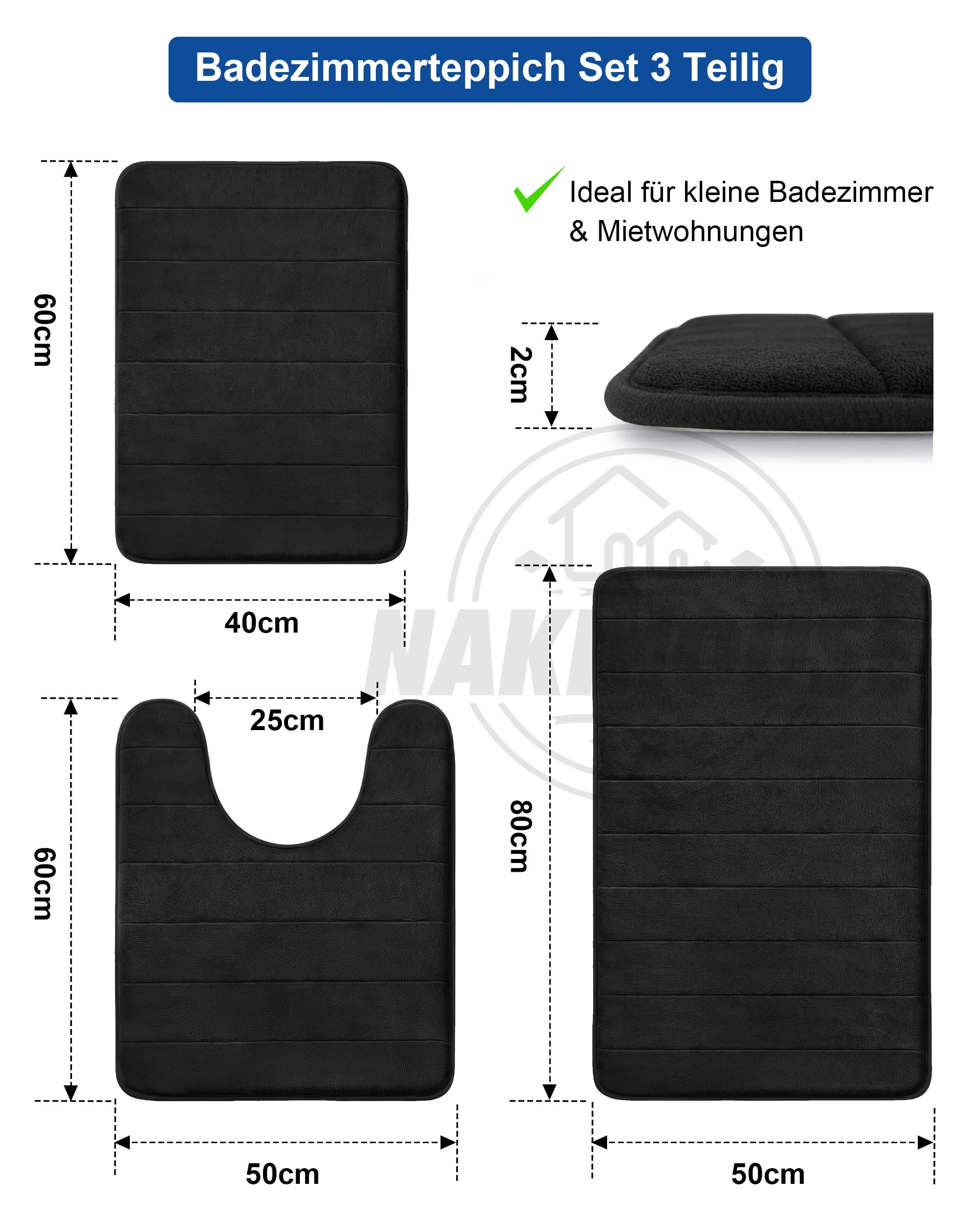 Badezimmerteppich Set 3 Teilig aus Dicke Memory Foam rutschfest Saugfähig Waschbar Weich Schnell Trocknend Badematte Set und U Förmige wc Vorleger für Dusche, WC & Badewanne,Schwarz