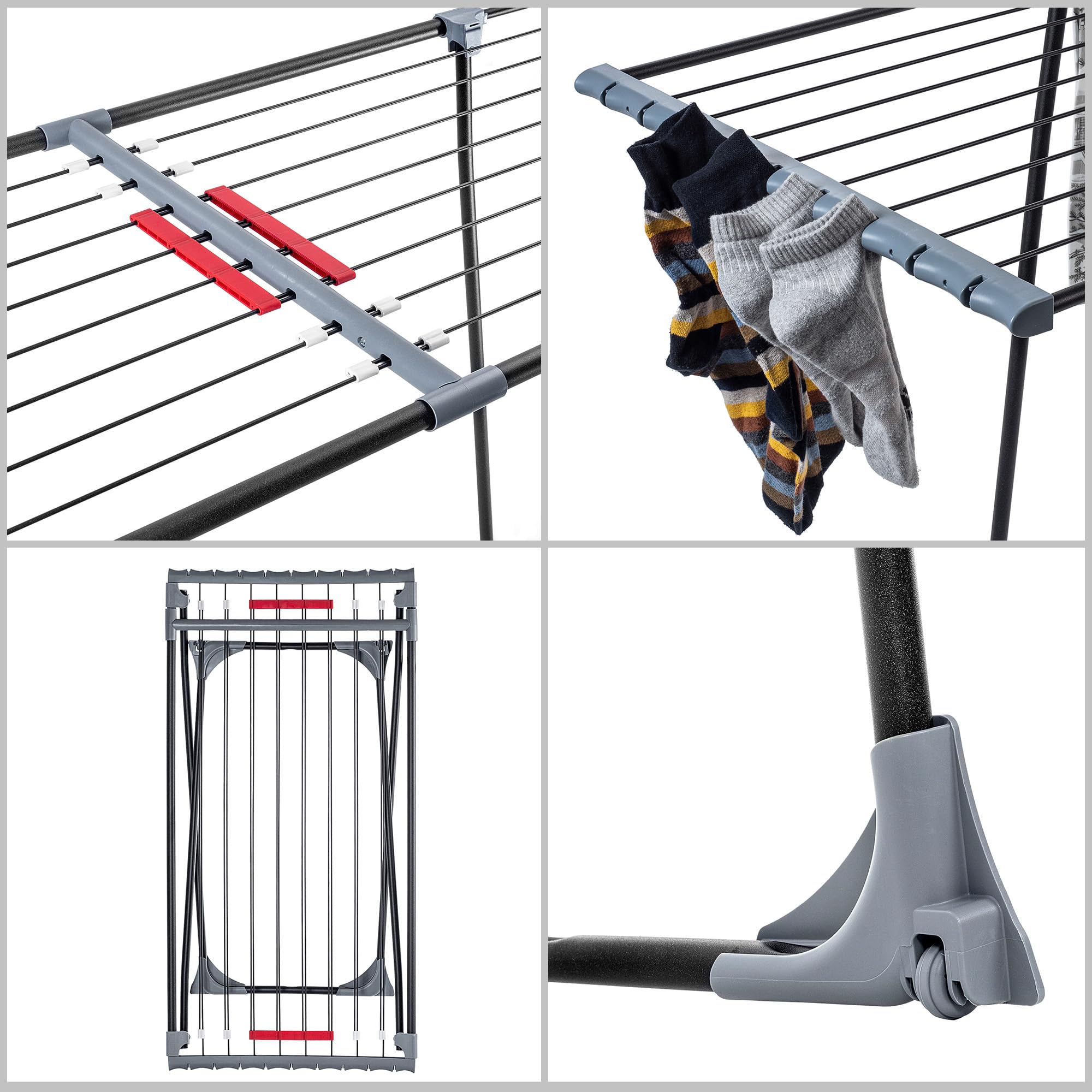 KADAX Stendibiancheria Estensibile in Acciaio, Stendino Allungabile e Pieghevole da Pavimento con Piedi Antiscivolo per Utilizzo Interno ed Esterno (Nero)