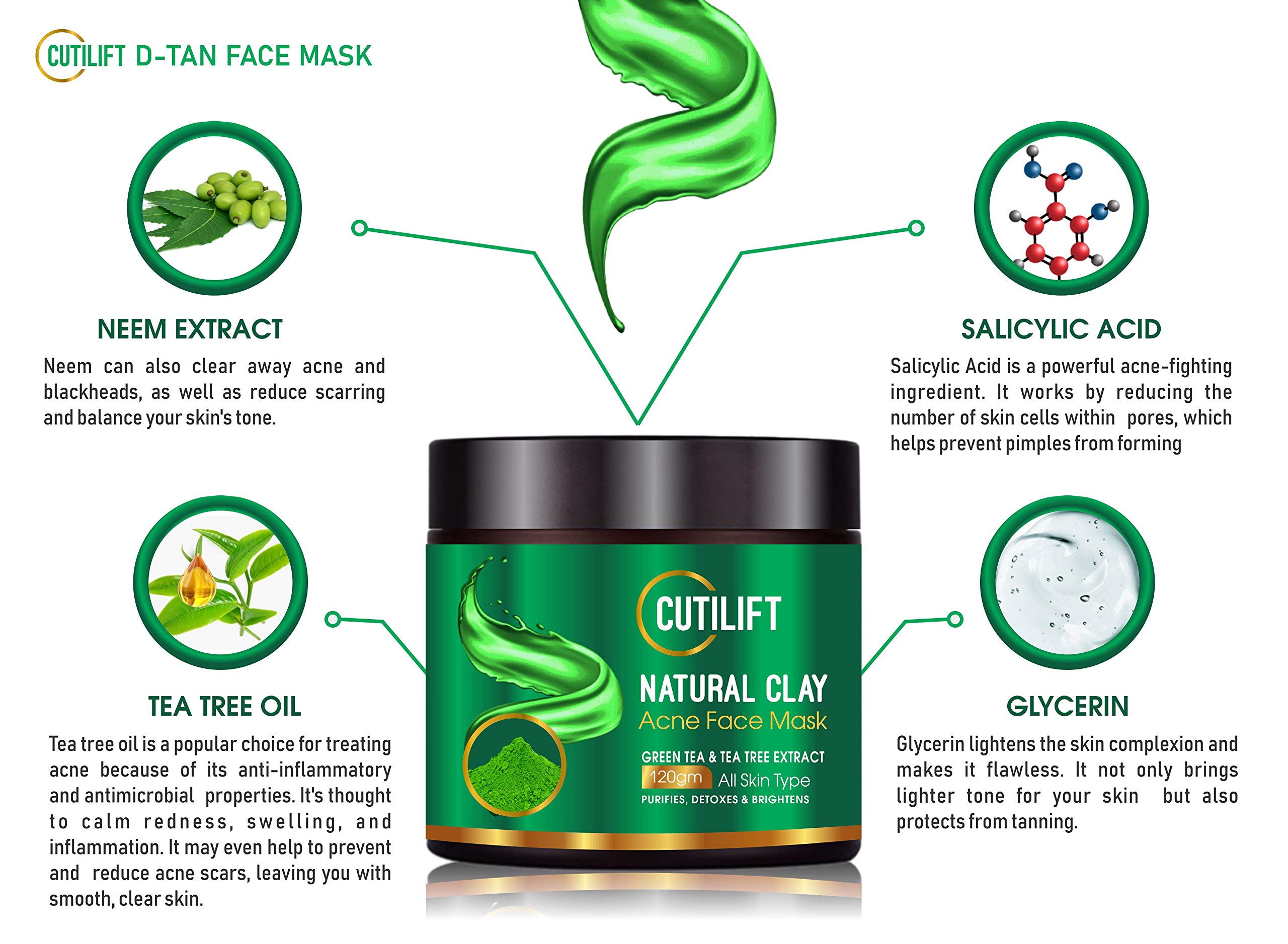 Cutilift Natural clay 2% Salicylic Acid Clay Face Mask Tea Tree Mask for Men and Women for Acne & Blemish Prone Skin 2