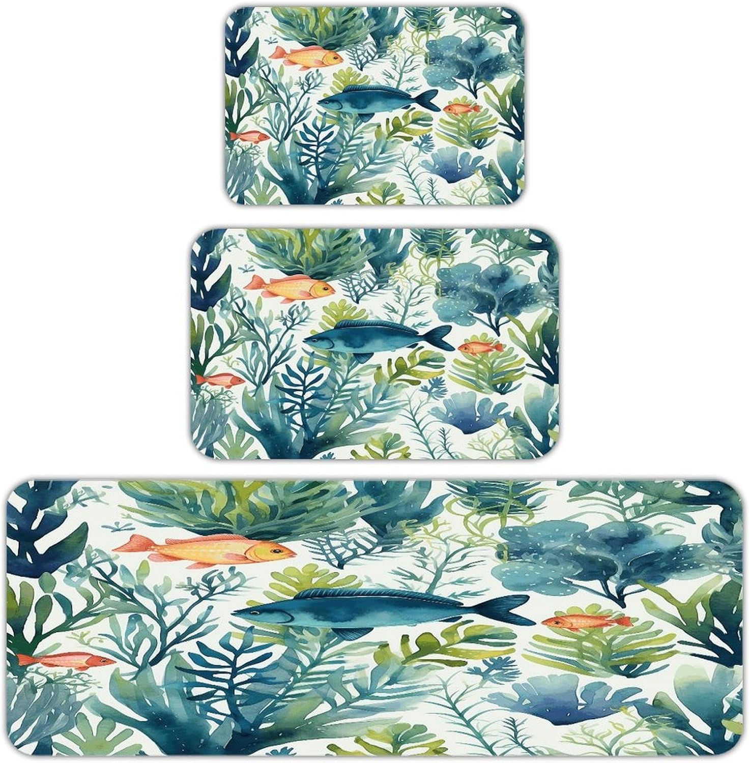 Marine Animal Pattern Kitchen Mats for Floor 3PCS Waterproof Low-Profile Kitchen Rugs Floor Mat Non Slip Anti Fatigue Mats Comfort Standing Mat Runner Rug Area Rug 6"x24"+20"x31"+17"x47"