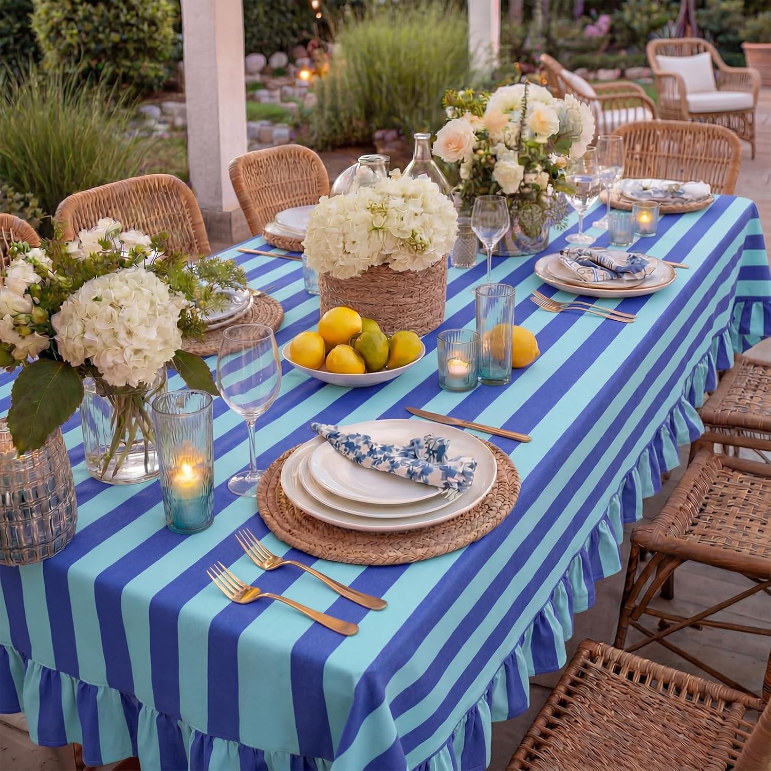 Tudomro 1 Pcs Ruffle Edge Striped Tablecloth, 84'' x 60'' Scalloped Table Cover, Farmhouse Linen Fabric Cloth for Rectangle Table, Dining Room Bridal Shower Wedding Holiday Party(Cobalt, Sky Blue)