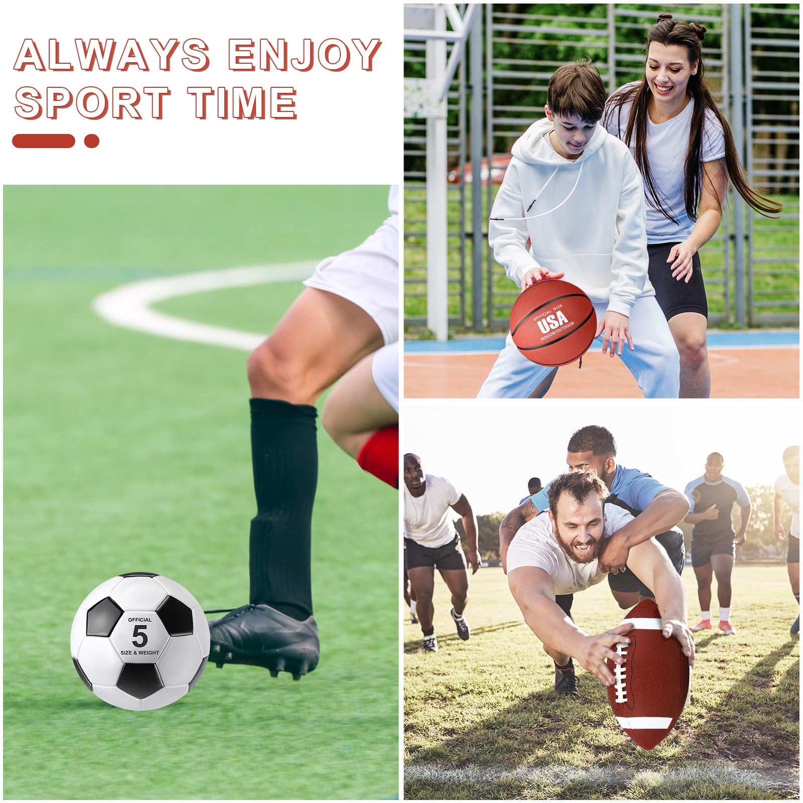 Juego deportivo de 3 pelotas deportivas que incluye tamaño oficial, fútbol, baloncesto, fútbol con bomba y bolsa de transporte para adolescentes y adultos, suministros de Navidad (marrón 5