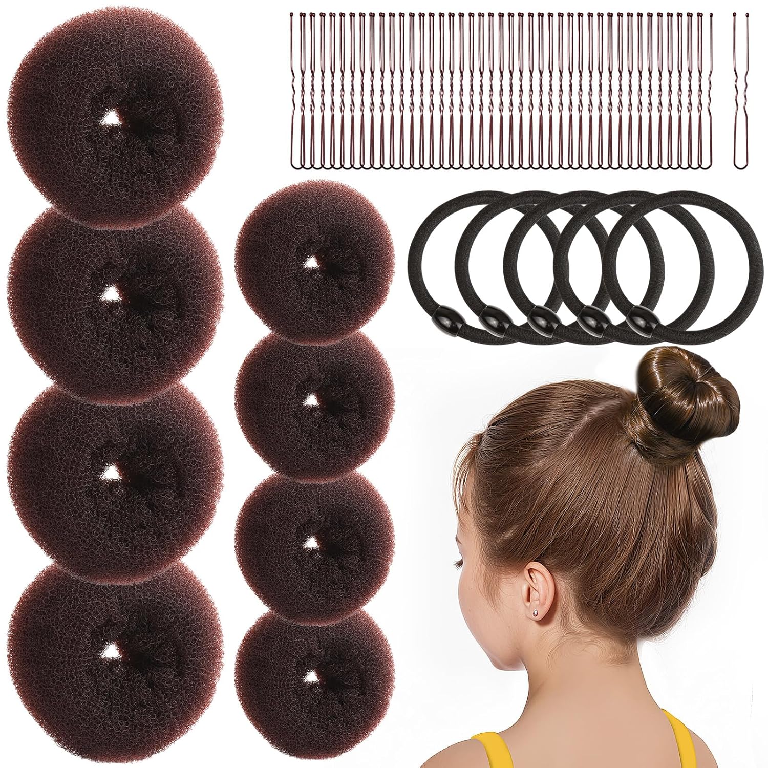 FANDAMEI Hair Bun Maker for Kids — 4 Pieces Donut Hair Bun Maker Small with 4 Pieces Extra Small Hair Buns Kit — Small Ballet Hair Bun Maker for Kids — Hair Bun Set with Elastic Hair Ties, Hair Pins (Brown)