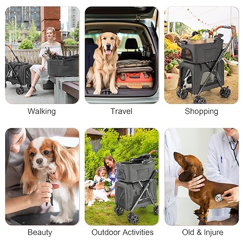 Miniatura 9 de Cochecito doble para mascotas con transportador desmontable para perros y gatos medianos y pequeños, carrito de viaje ligero para perros con toldo