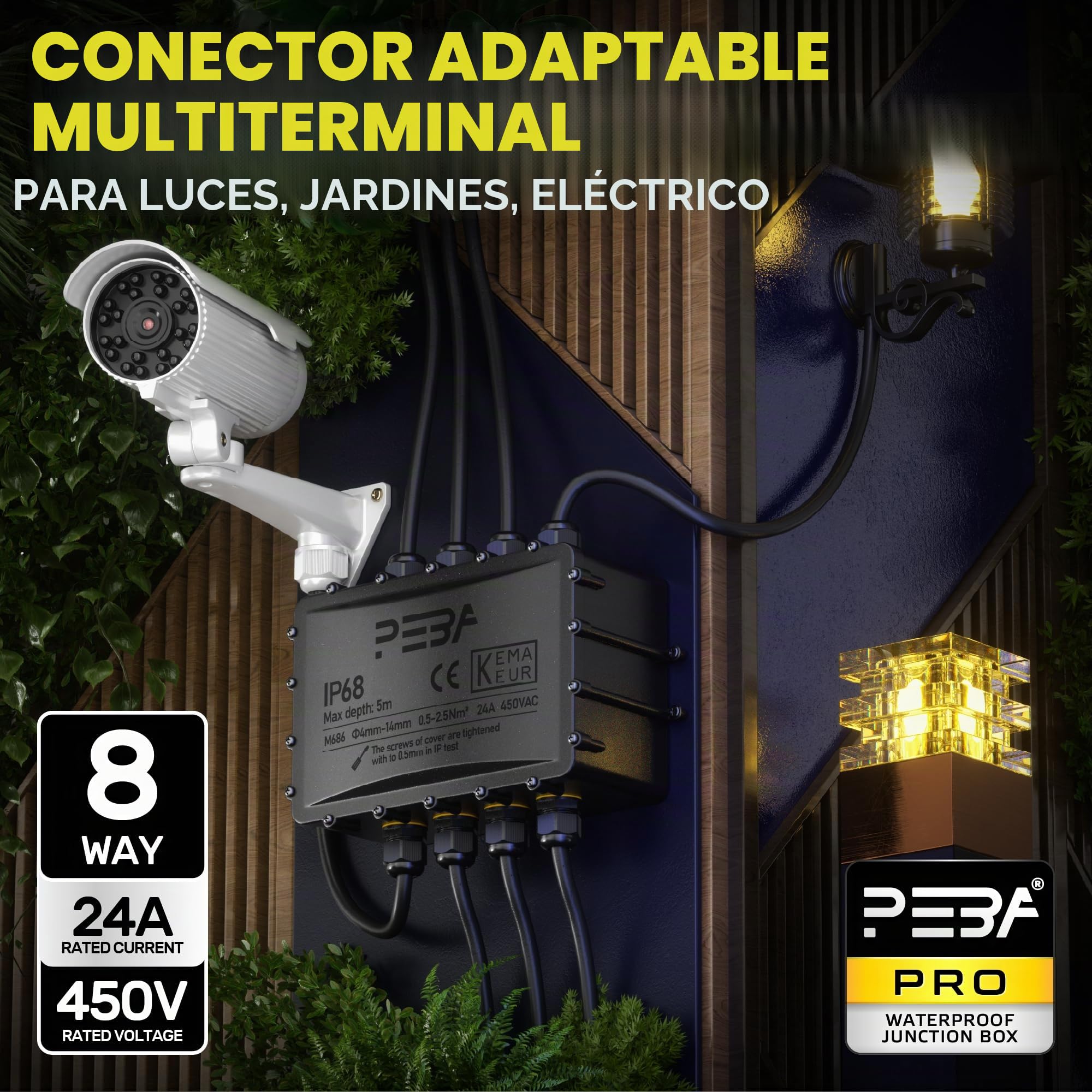 PEBA® Cajas de Conexiones Impermeables IP68, Conector de cable estanco,Caja de conexiones de conector de cable Exterior Extragrande de 8 vías, Apto para cables Ø4-14 mm Caja Conexiones Negro