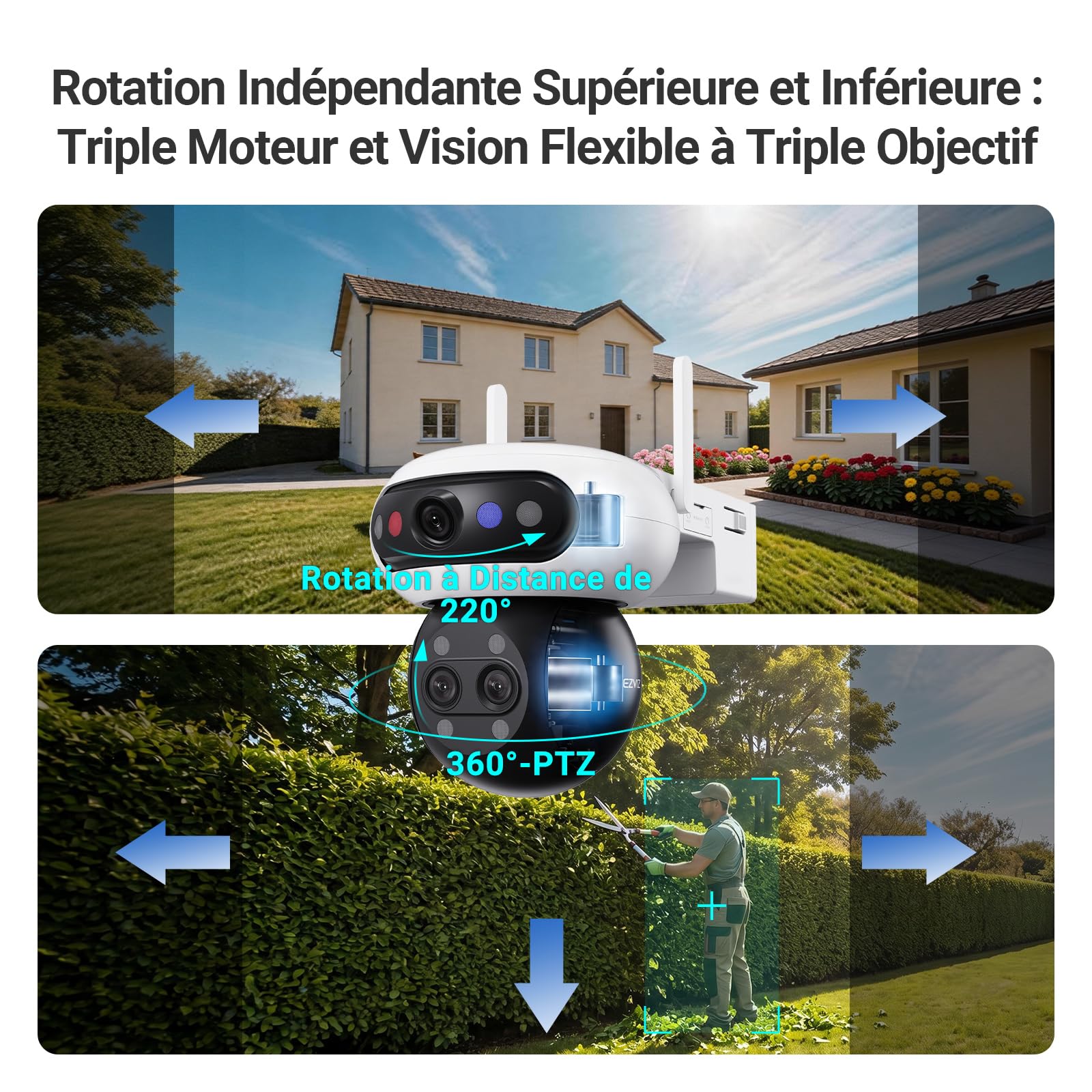 EZVIZ 3K(5MP) x 3 Caméra de Surveillance Extérieure Wi-FI à Triple Objectif, Reconnaissance Faciale Locale, Zoom Hybride x 12, Détection Personne/Véhicule, Vue Nocturne Couleur, Couverture 360°, C90f
