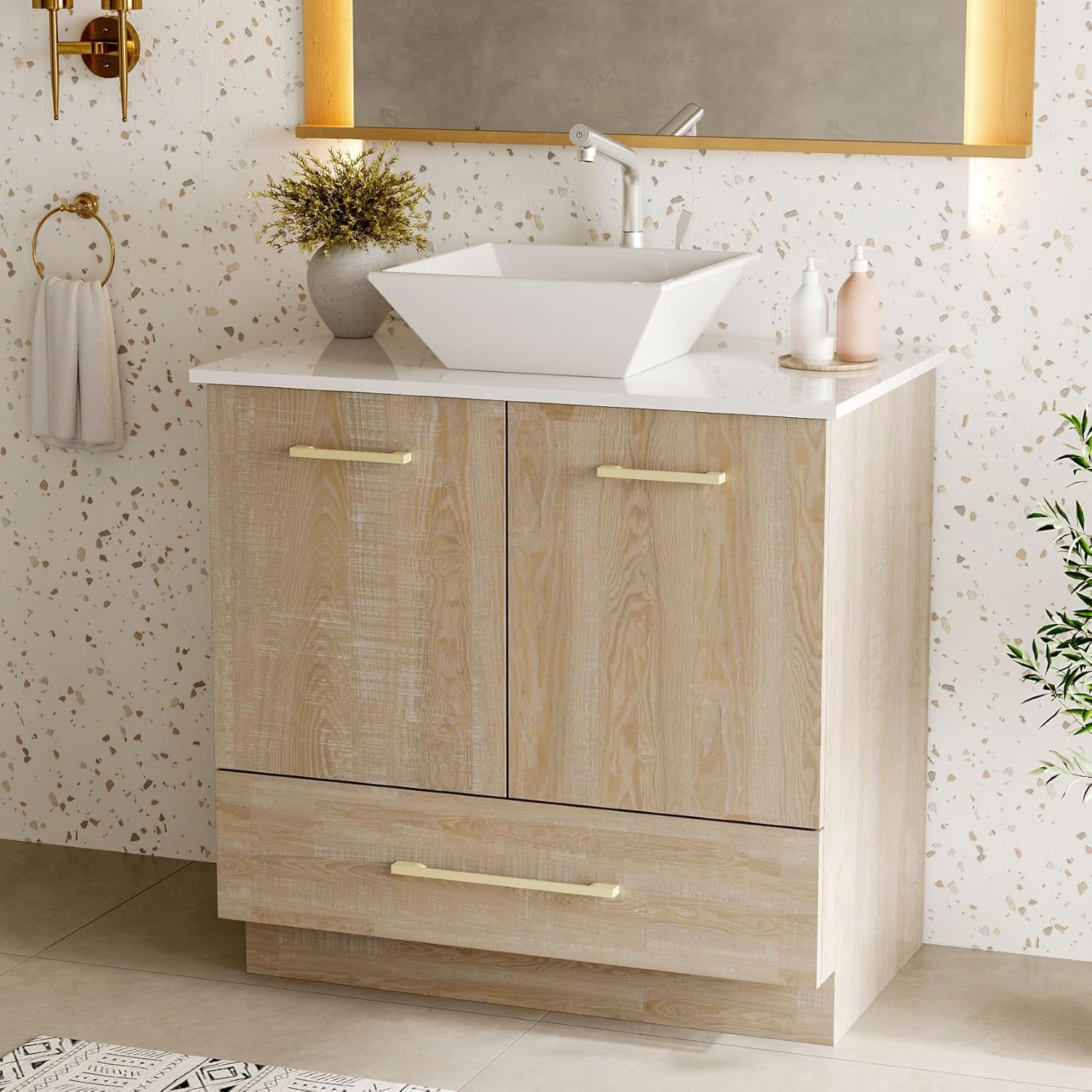 Timechee Bathroom Storage Vanity Sink with Ceramic Basin, Modern Bathroom Cabinet with Sink Combo Set, Doors and Shelves, Single Bath Vanity Sinks Cabinet with Storage Drawers for Restroom, White&Oak