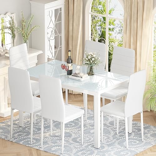 AWQM 7 Piece White Glass Dining Table Set for 6, Modern Elegance Kitchen Table and Chairs Set, 1 Dining Room Table and 6 Upholstered Chairs with Metal Frame for Breakfast Nook Space Saving