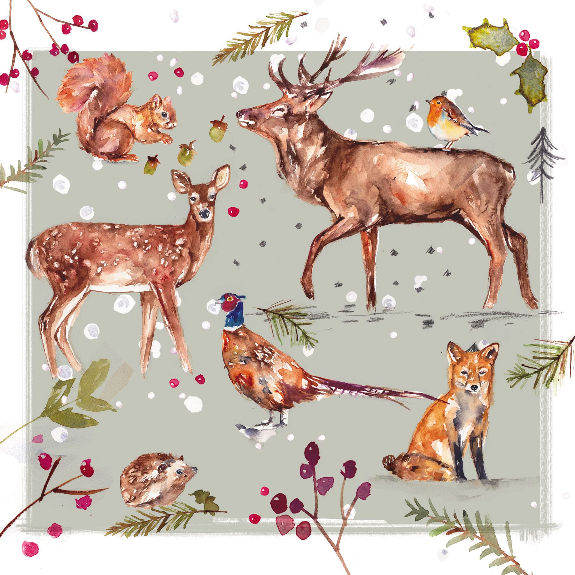 The Almanac Gallery Pack of 8 Charity Christmas Cards - "Watercolour Wildlife" - Stunning Design with Animals in the Snow - 8 Cards of the Same Lovely Design