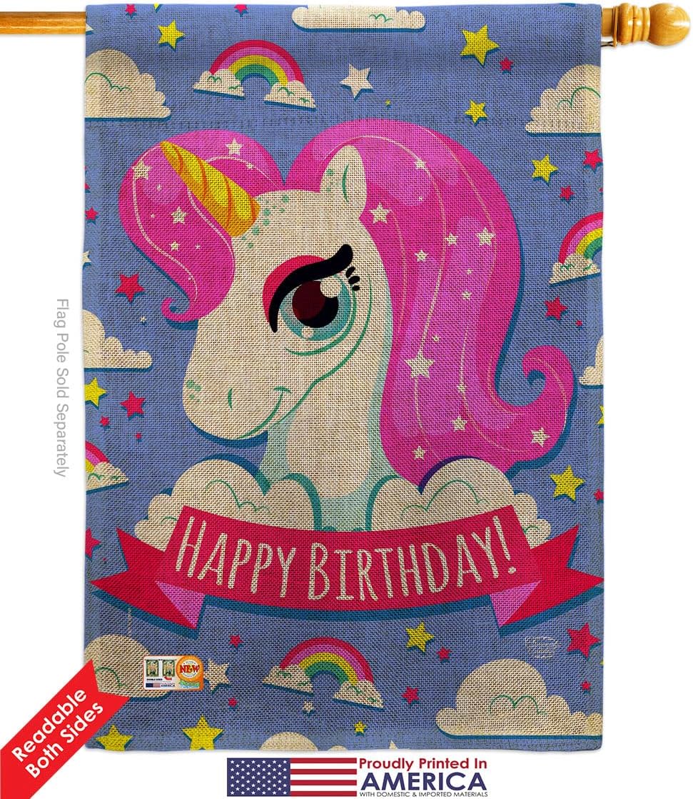 Magical Unicorn Birthday Burlap House Flag Celebration Cake Gift Present Candy Bouquet Occasion Anniversary Party Small Decorative Yard Banner Double-Sided Made In USA 28 X 40