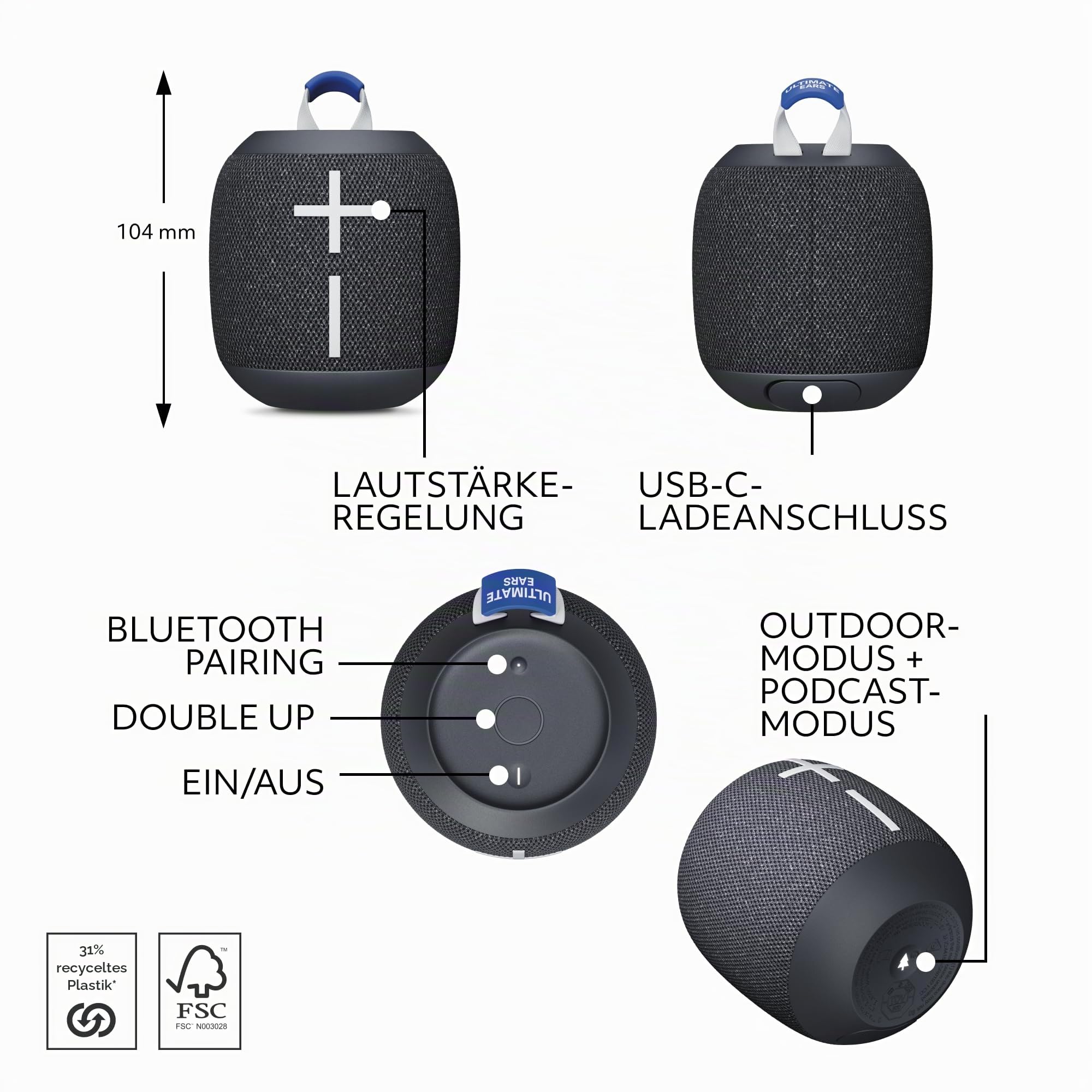 Ultimate Ears Wonderboom 4 – mobiler, wasserdichter Bluetooth-Lautsprecher mit satten Tiefen und 360-Grad-Klang, staubdichter, schwimmfähiger Lautsprecher mit Einer Reichweite von 40m - Schwarz