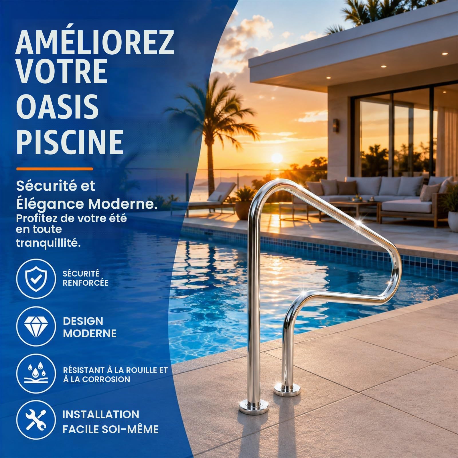 Rampe de Piscine en Inox 304 Résistant à la erosion, Main Courante Robuste Fini Poli Miroir, Barre de Sécurité Longue Durée pour Extérieur(Type D)