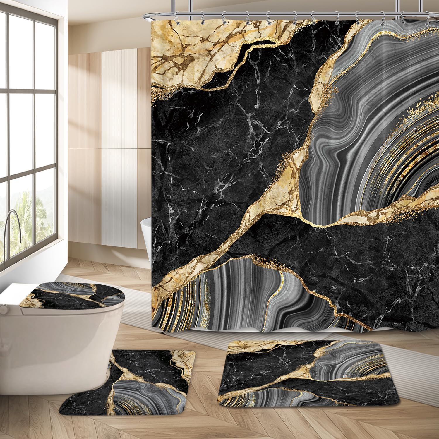 Miyotaa 4PC Black Gold Marble Shower Curtain Set 60Wx71H
