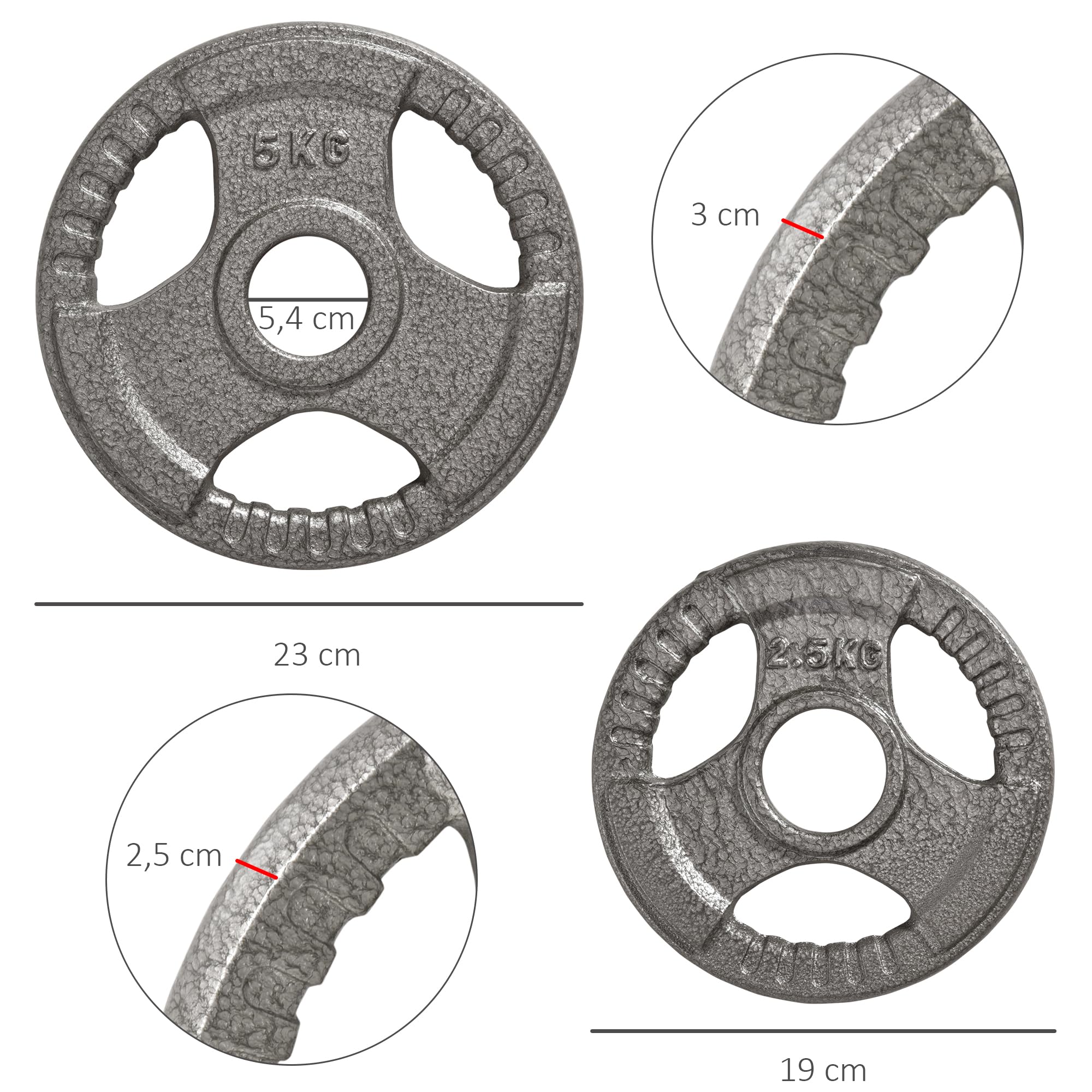 HOMCOM Disques de poids 2,5/2,5/5/5 kg totale15kg, 4 poids musculation, disques d'haltères pour musculation, fitness, haltérophilie en acier