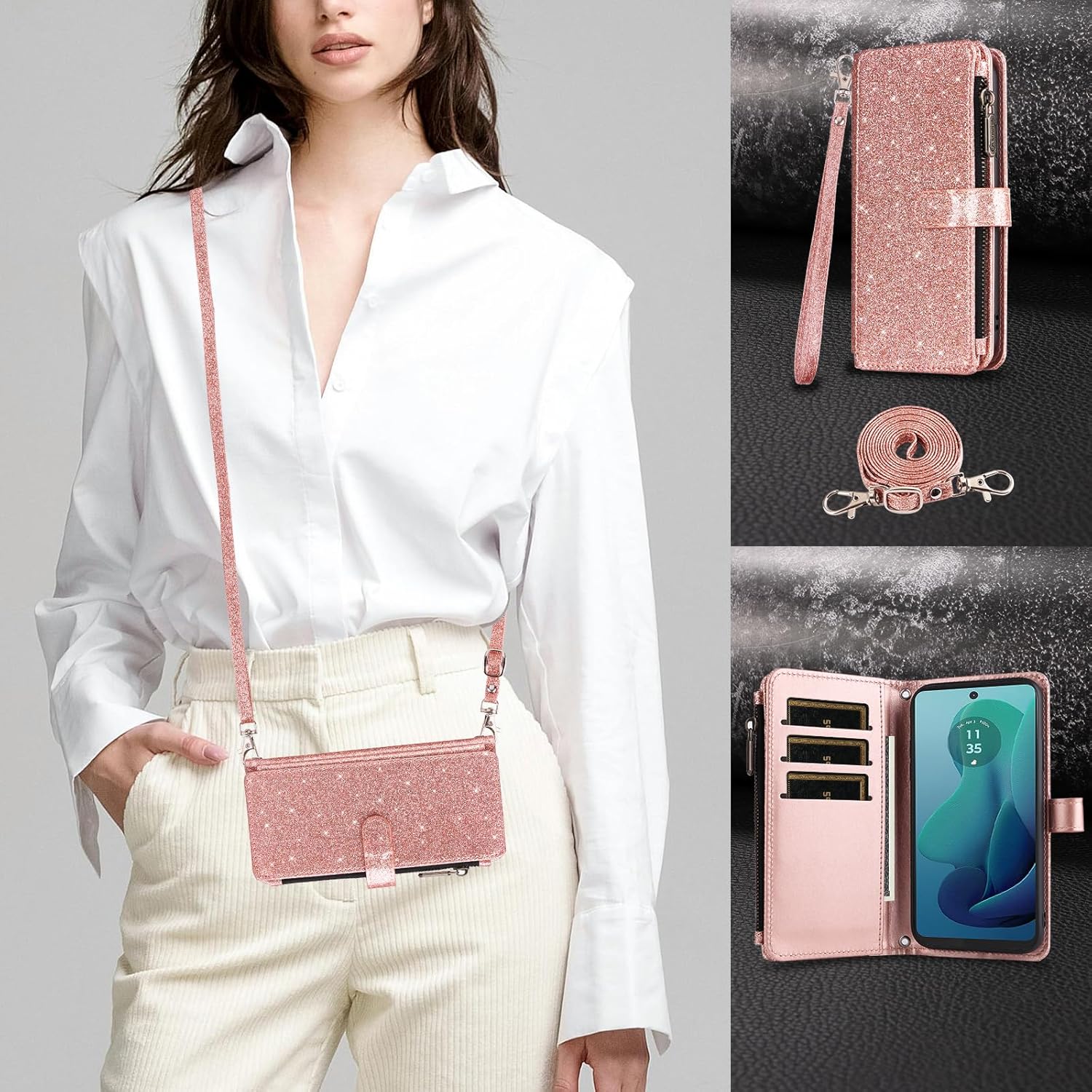 Asuwish Phone Case for Motorola Moto G 5G 2024 Wallet Accessories Stand Cell Cover with Tempered Glass Screen Protector Strap Bling Glitter Zipper Flip Credit Card Holder G5G 5 G G5 Women Rose Gold