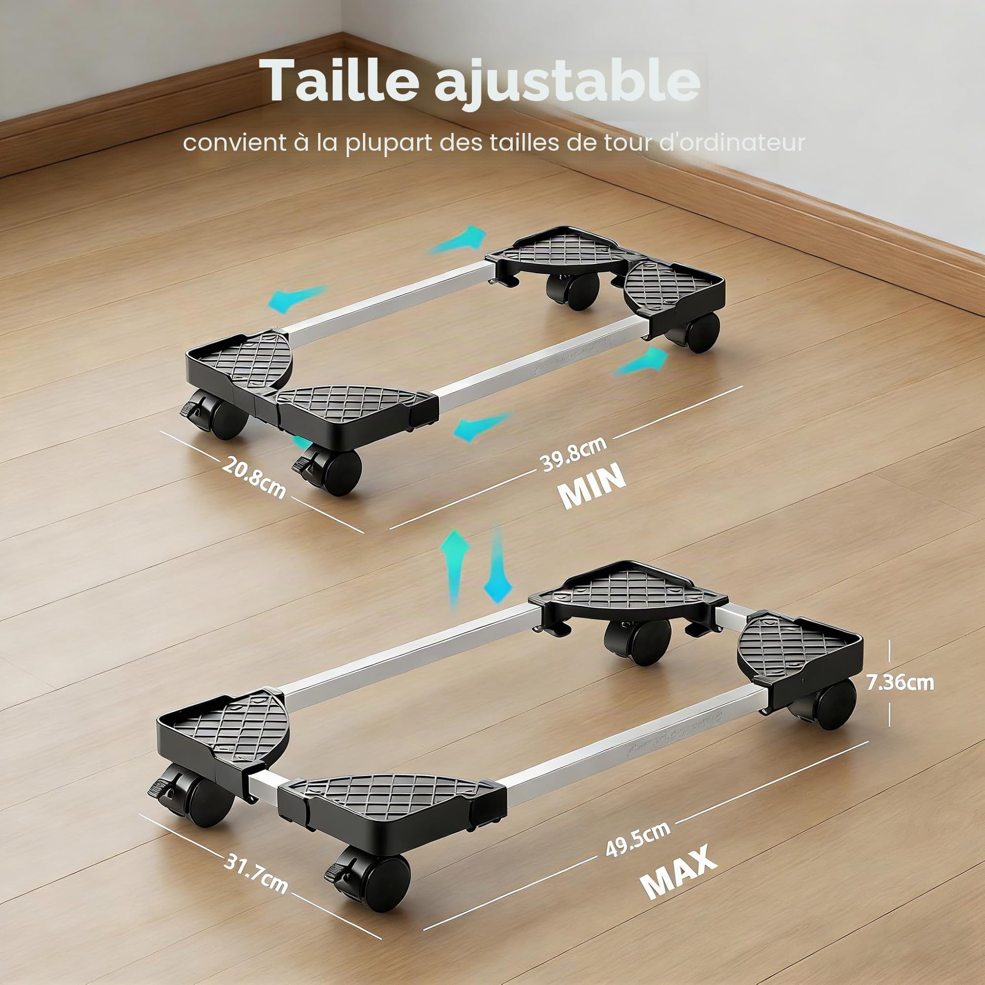 Support PC Fixe Réglable Stand avec 4 Roues Roulettes, 2 Roues Verrouillables Noir