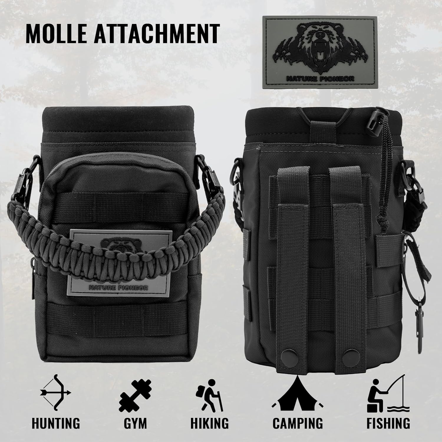 NATURE PIONEOR 32 64 128oz Tactical Water Bottle Pouch, Multi-Function Tactical Water Bottle Bag with Adjustable Shoulder Strap, Half/One Gallon Molle Strap Carrier Holder