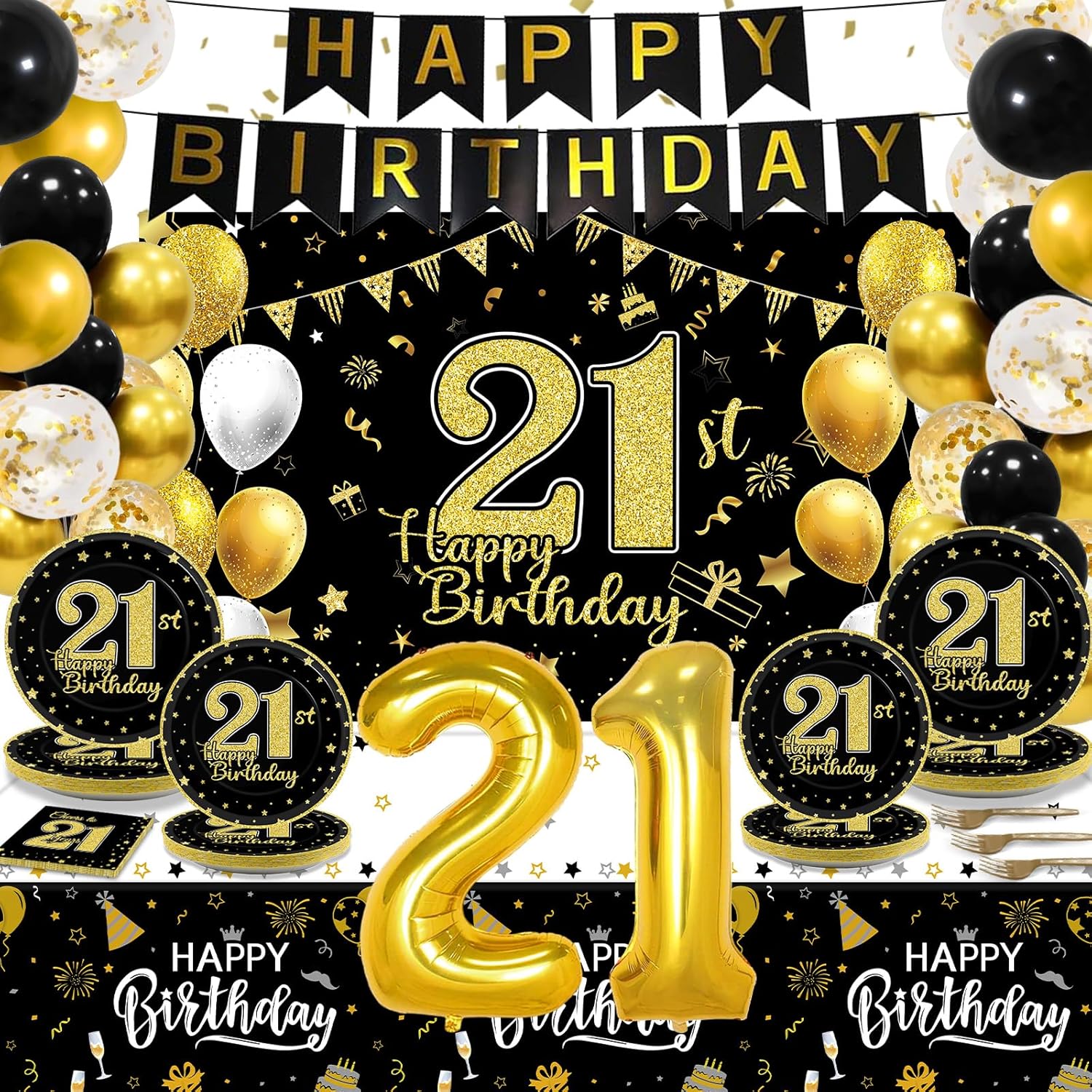 143 Pcs 18th Birthday Party Supplies Set for 24 Guests 18th Birthday Plates Backdrop Party Decorations Kit for Teenager Plates Napkins Tablecloth Balloons Banner Tableware Decorations for Boys Girls