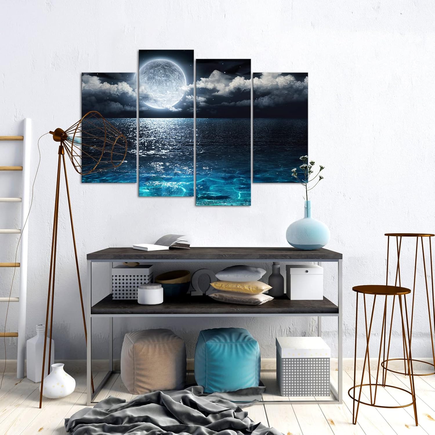Saypeacher Full Moon Wall Art Ocean Pictures Prints Night Sky Landscape Painting for Living Room