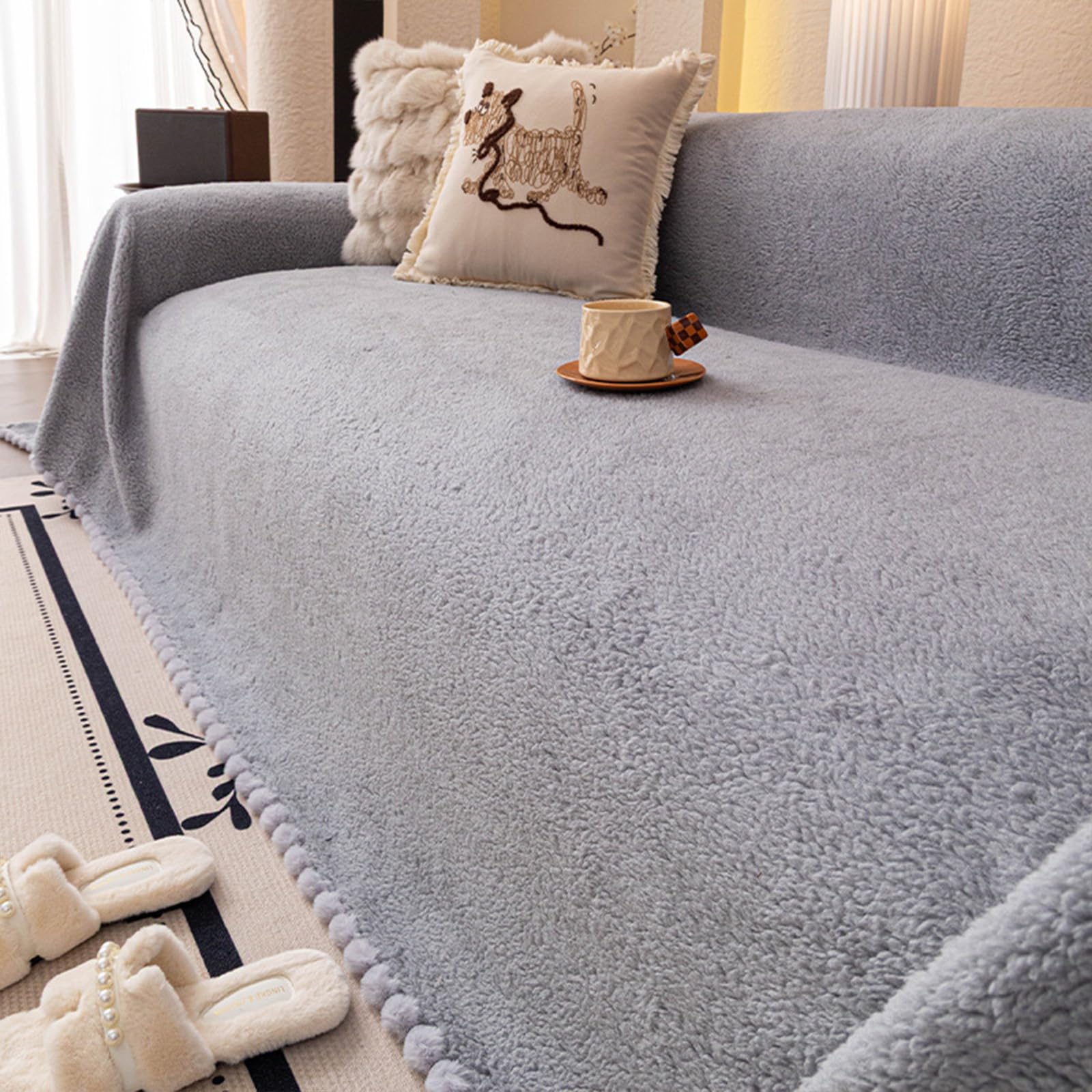 Plaid de canapé pour Chiens, Couverture épaisse en Laine d'agneau crème pour canapés 3 Places, Housse Moderne en L pour Animaux avec Bordure Duveteuse Gray 180x230cm/70.87x90.55in